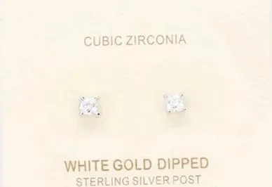 Cubic Zirconia Stud Earrings- Square- Gold or White Gold