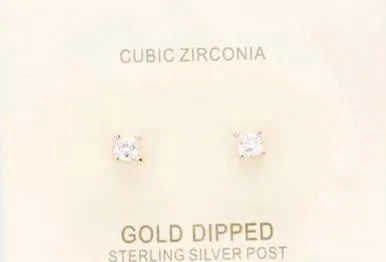 Cubic Zirconia Stud Earrings- Square- Gold or White Gold