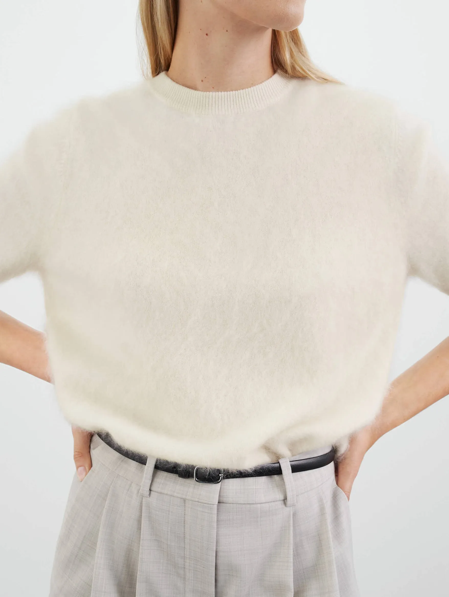 Cuddle Cashmere Short Sleeve Sweater in Feather White