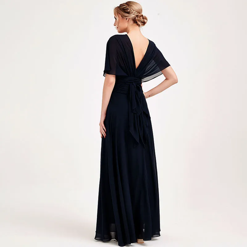 Dark Navy Convertible Chiffon Bridesmaid Dress Wrap Floor Length Gown