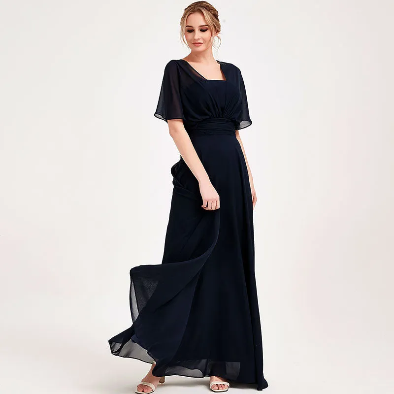 Dark Navy Convertible Chiffon Bridesmaid Dress Wrap Floor Length Gown