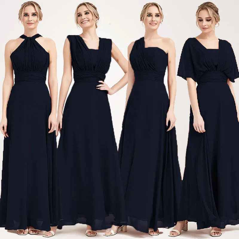 Dark Navy Convertible Chiffon Bridesmaid Dress Wrap Floor Length Gown