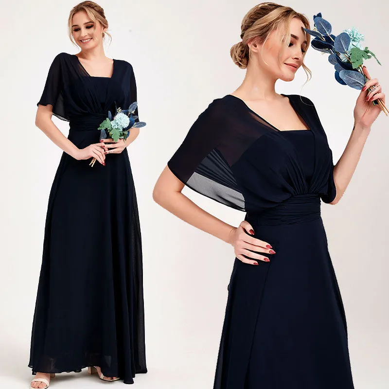 Dark Navy Convertible Chiffon Bridesmaid Dress Wrap Floor Length Gown