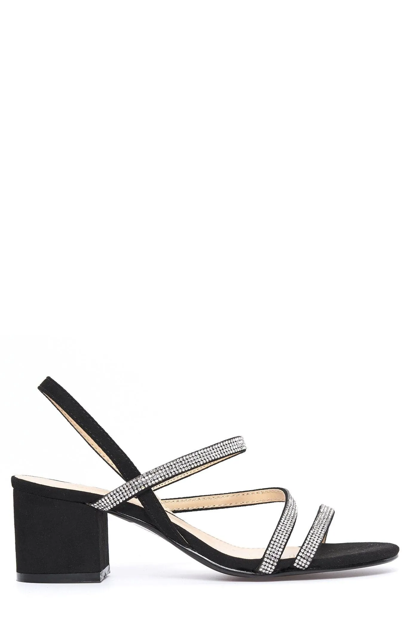 Darwin Crisscross Diamante Slingback Block Heel Sandal in Black Suede