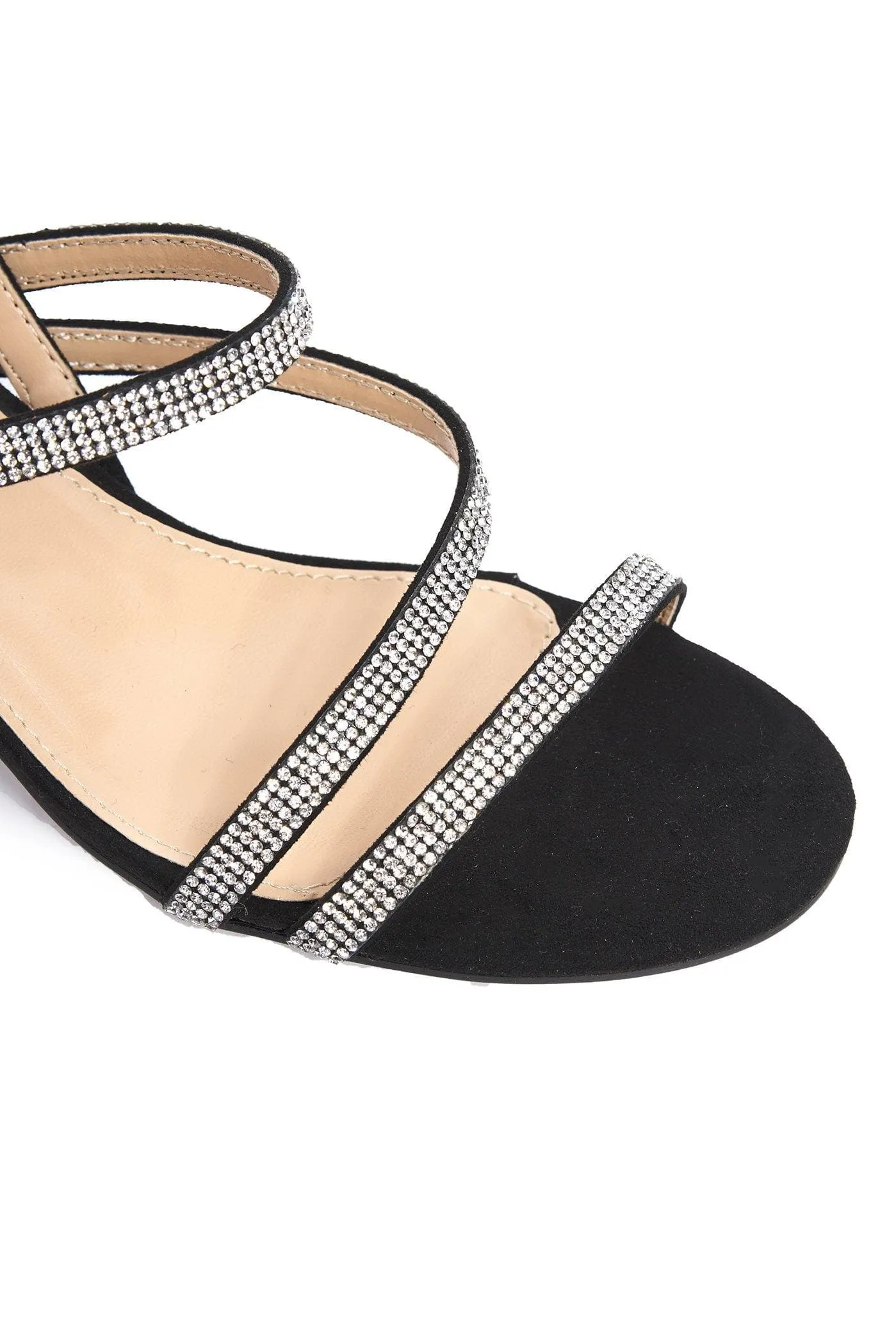 Darwin Crisscross Diamante Slingback Block Heel Sandal in Black Suede