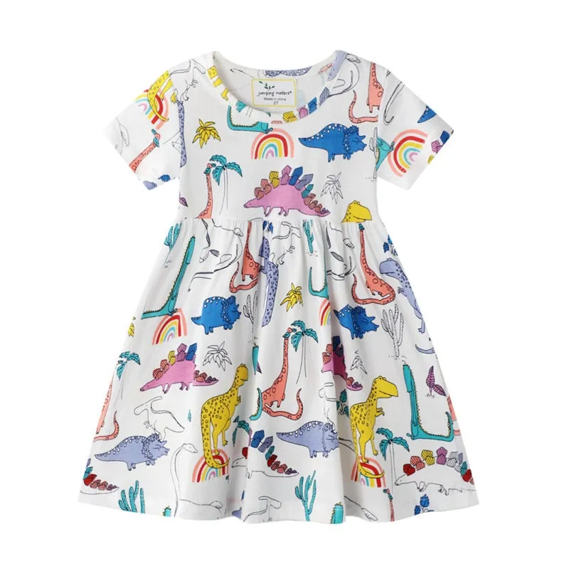 Dino and Rainbow Pattern Short Sleeve Girls Summer Tutu Dress