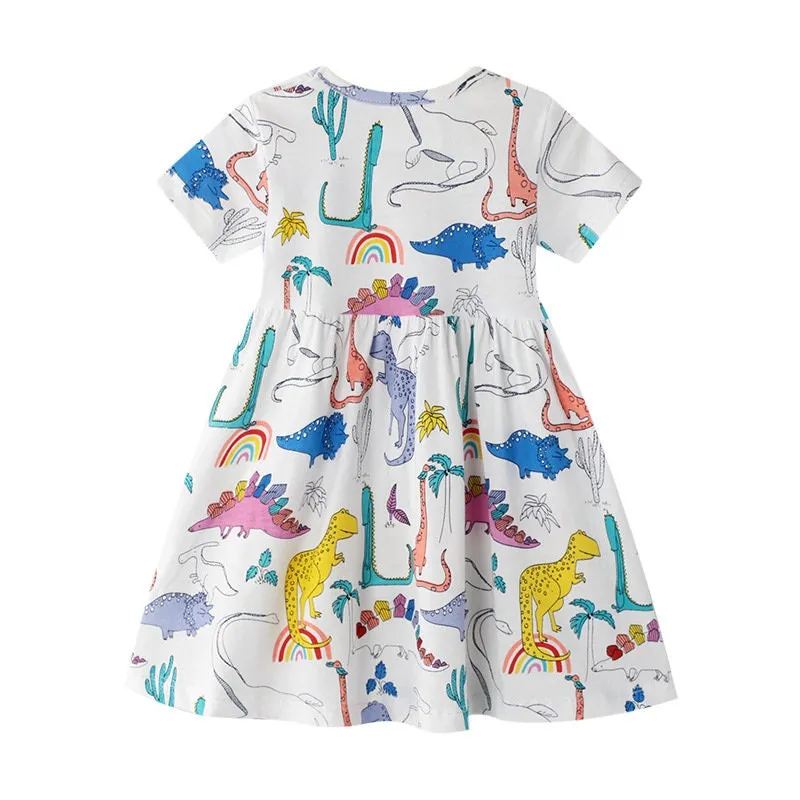 Dino and Rainbow Pattern Short Sleeve Girls Summer Tutu Dress