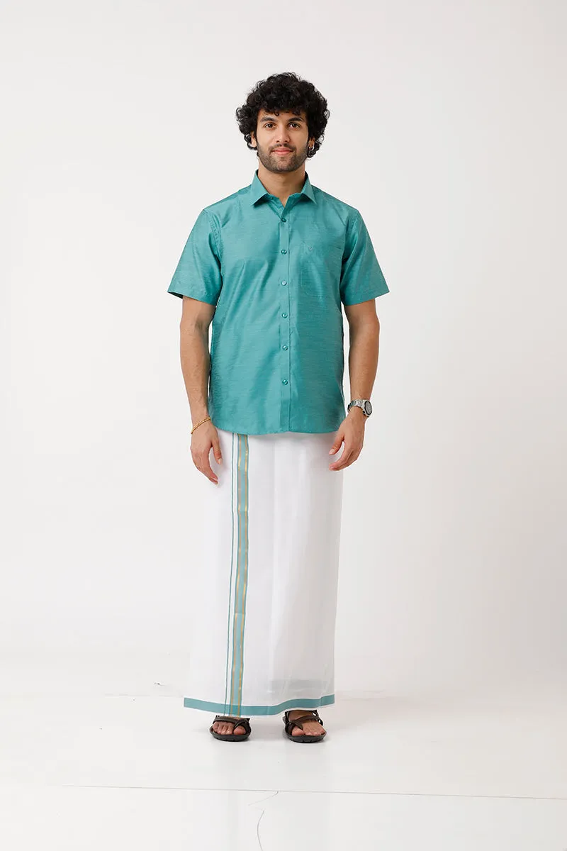 Divine - Light Green Cotton Blend Single Dhoti With Fancy Borders For Men | Uathayam