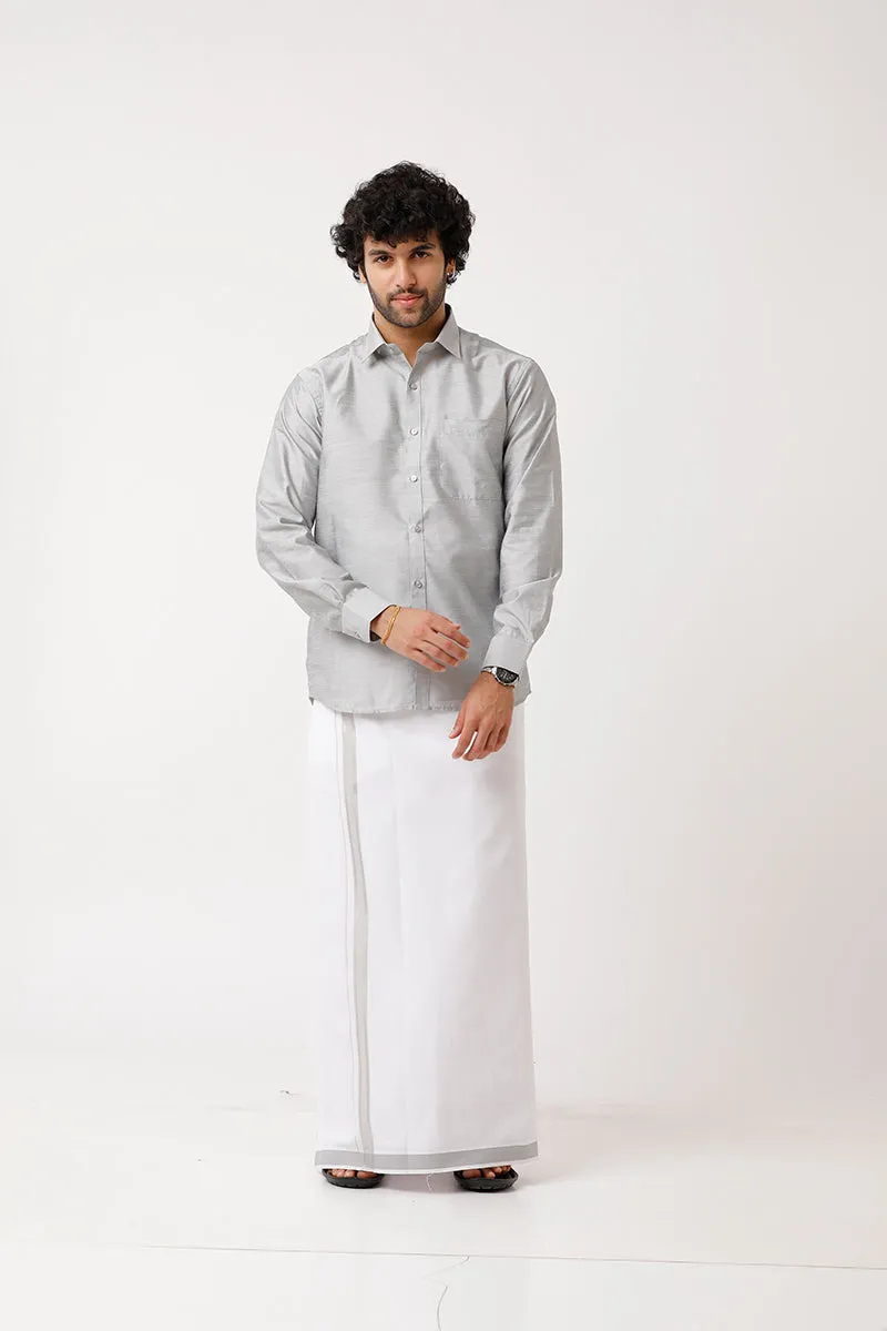 Divine - Silver Gray Cotton Blend Single Dhoti With Fancy Borders For Men | Uathayam