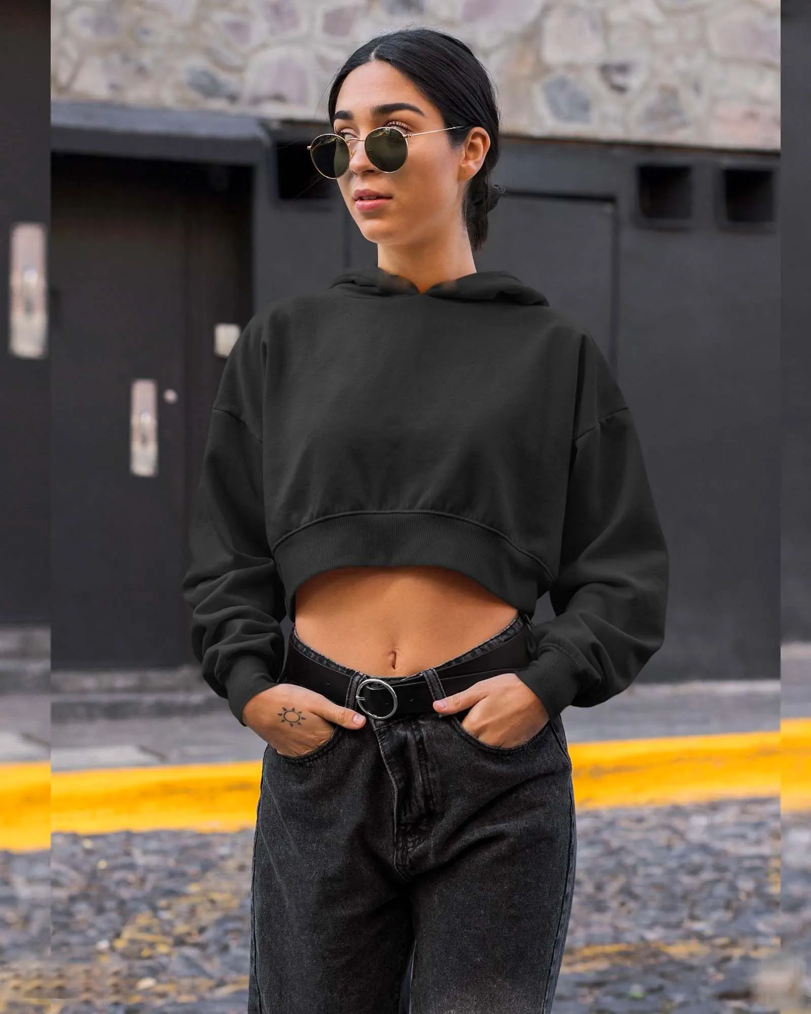 Drop Shoulder Crop Hoodie: Jett Black