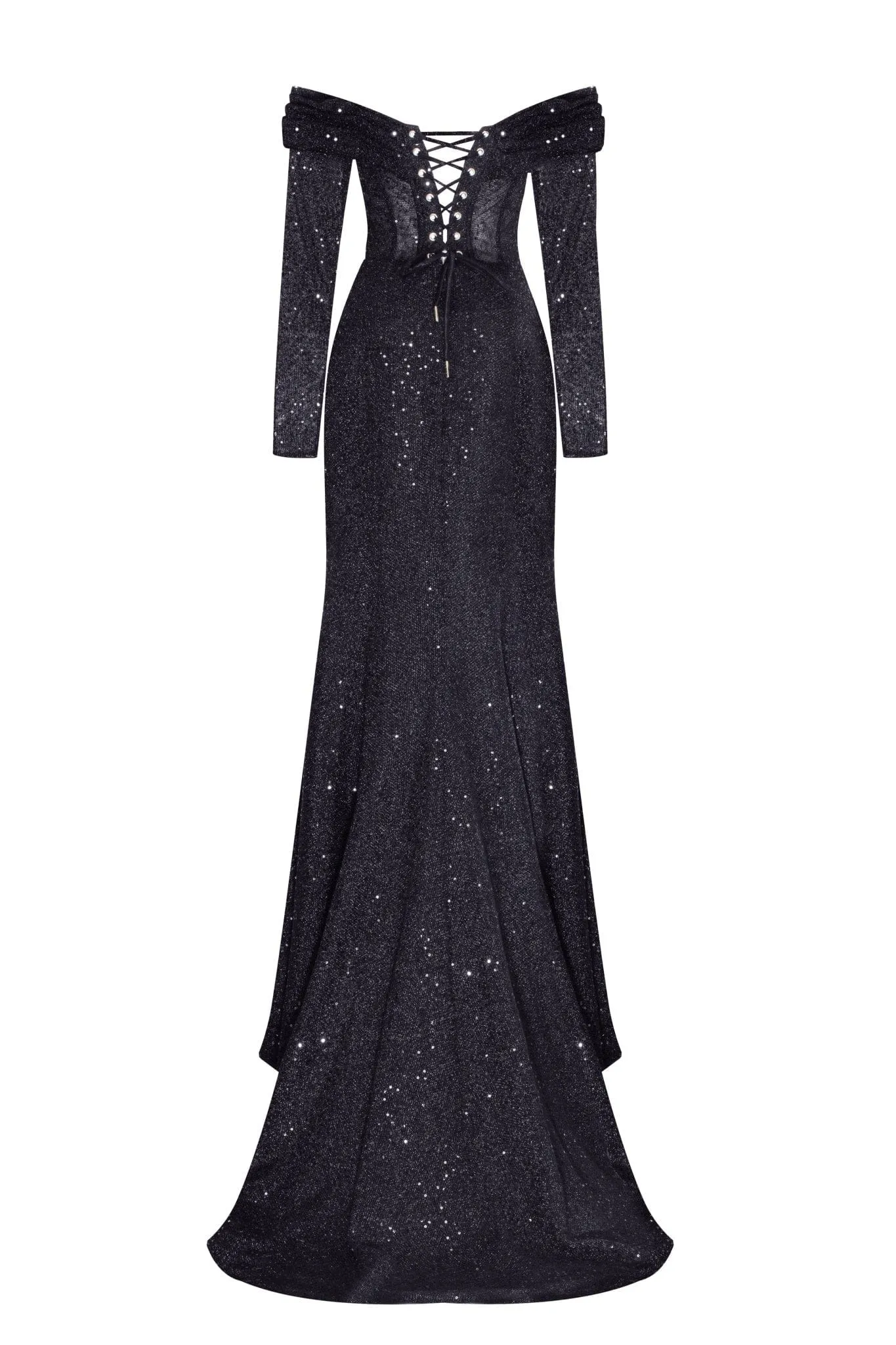 Elegant black off-the-shoulder sparkling maxi dress