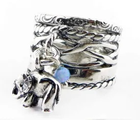 Elephant charm sterling silver ring for women, blue opal silver ring for woman, silber ringe für frauen