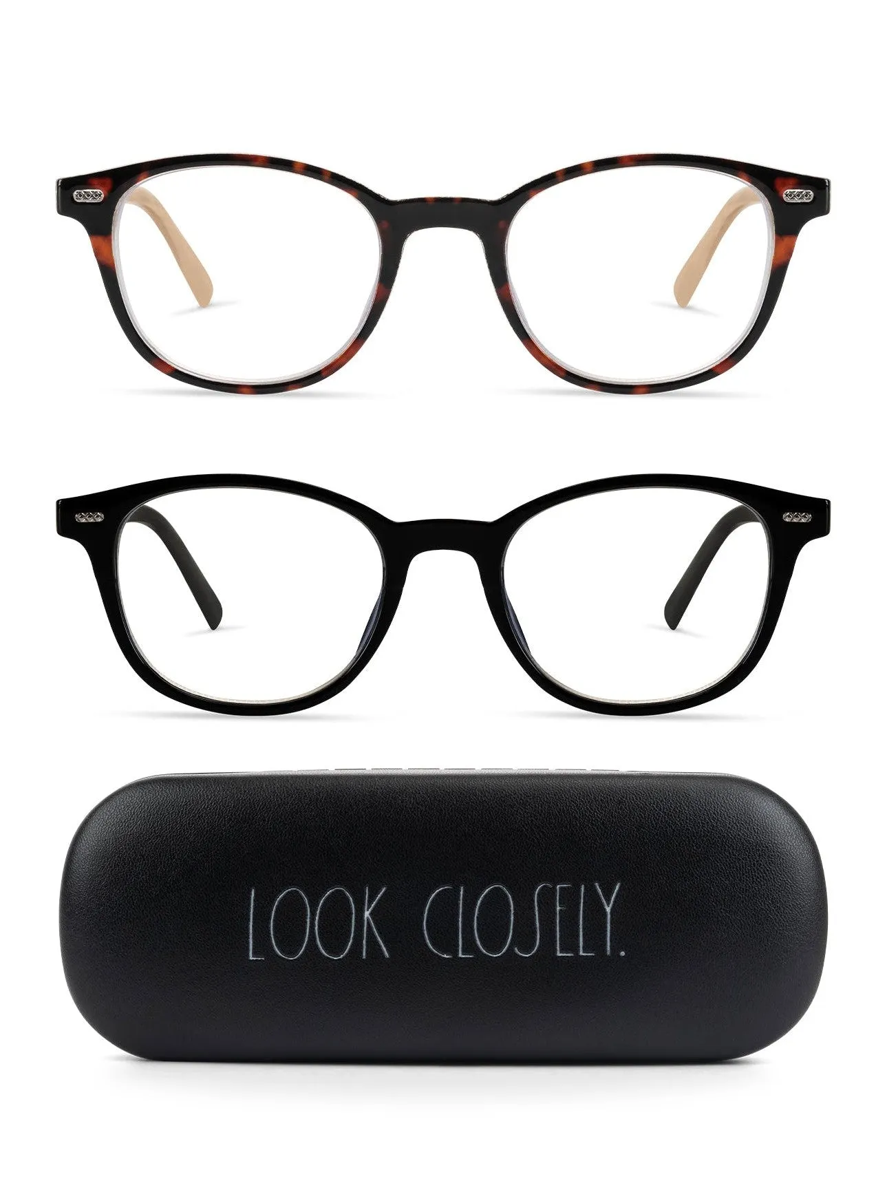 ELIZA 2-Pack Blue Light Blocking Reading Glasses with "LOOK CLOSELY" Signature Font Hard Case