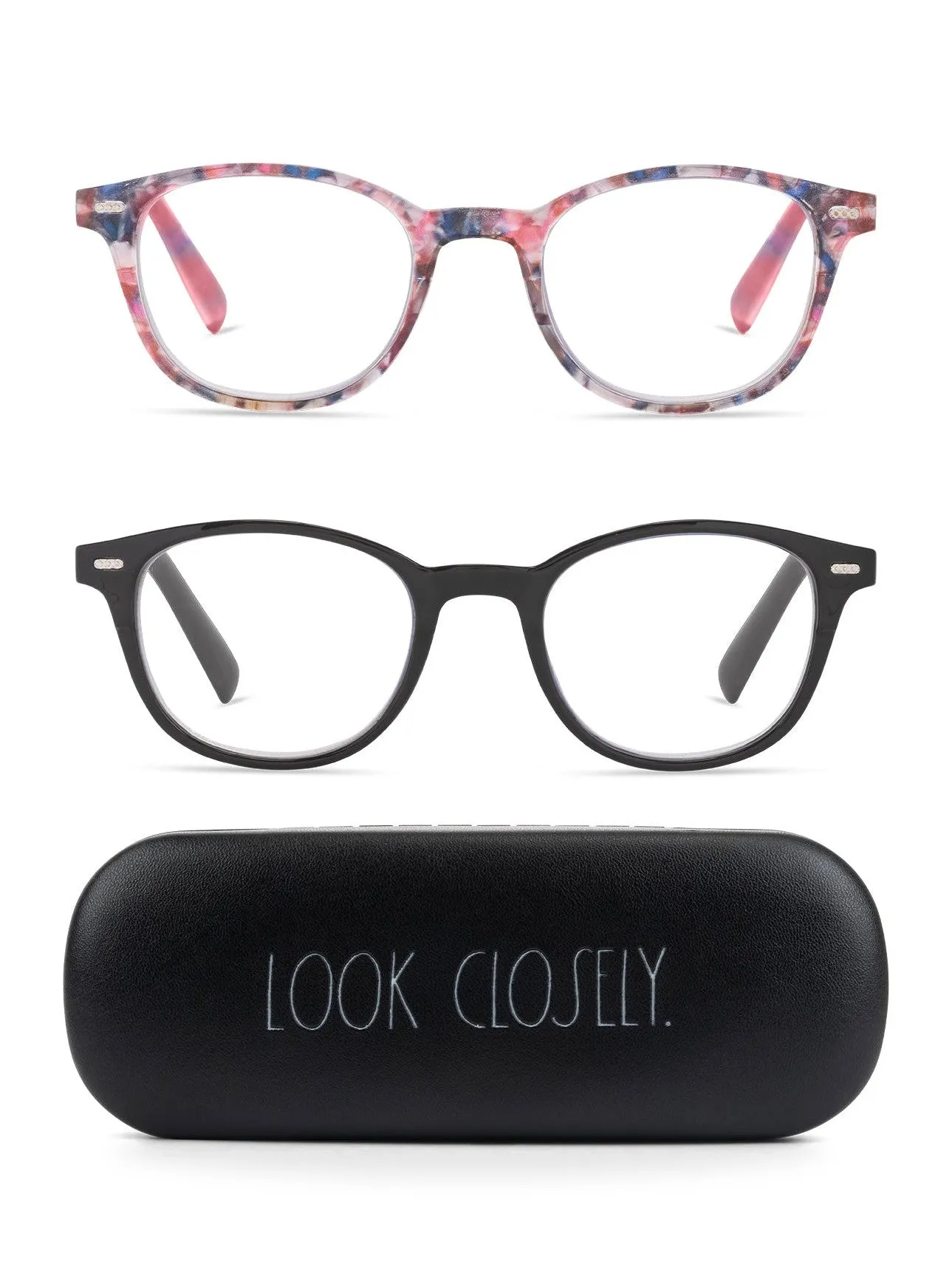 ELIZA 2-Pack Blue Light Blocking Reading Glasses with "LOOK CLOSELY" Signature Font Hard Case