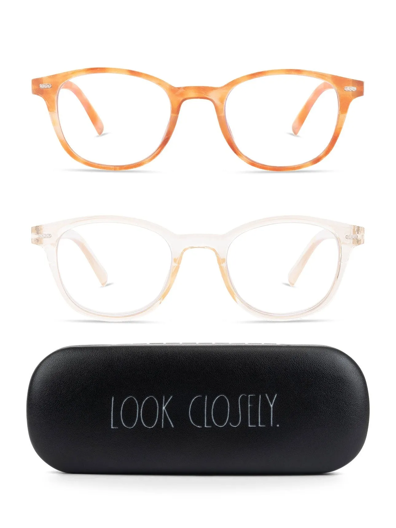 ELIZA 2-Pack Blue Light Blocking Reading Glasses with "LOOK CLOSELY" Signature Font Hard Case