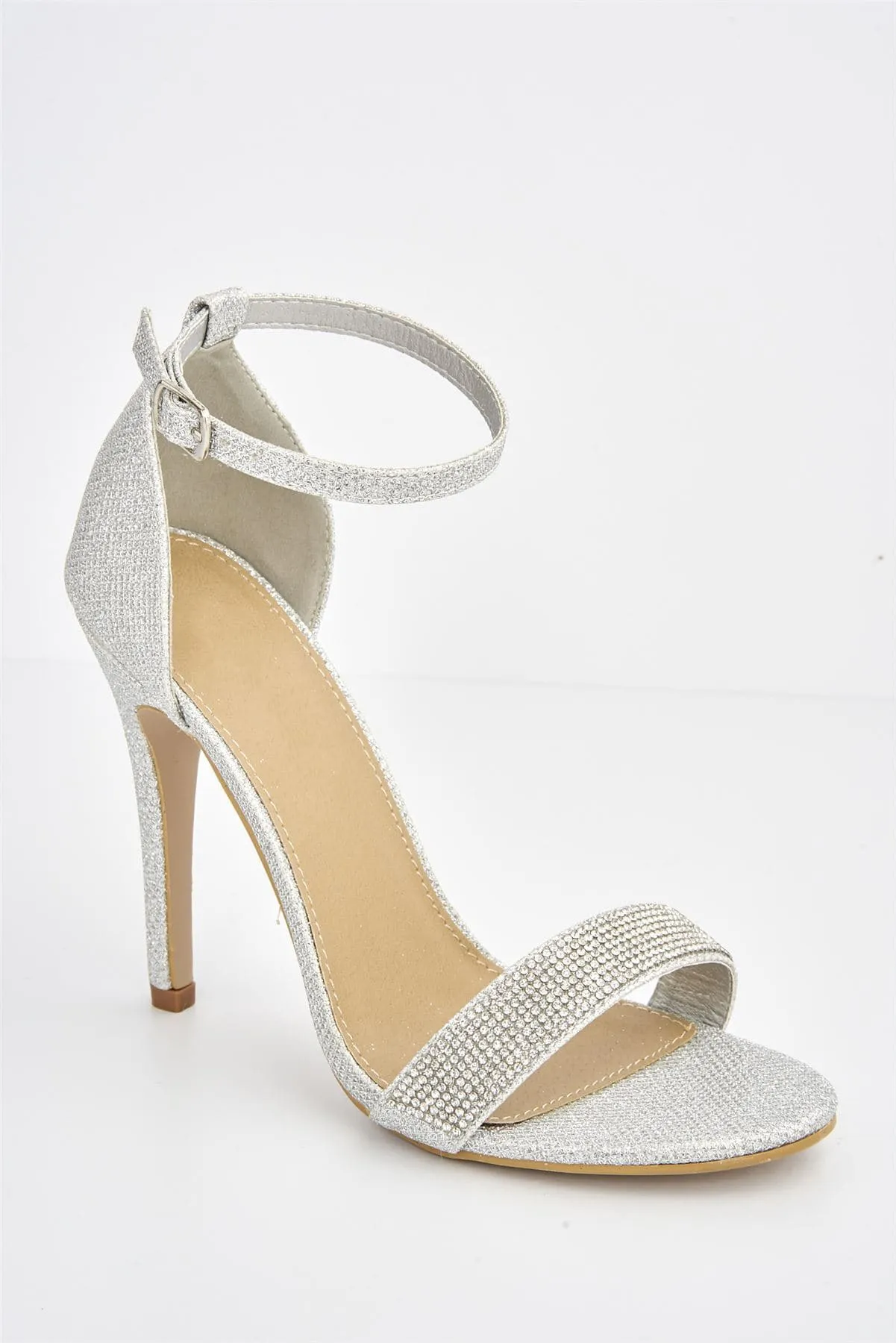 Esha Diamante Band Ankle-strap Heels in Silver Mesh