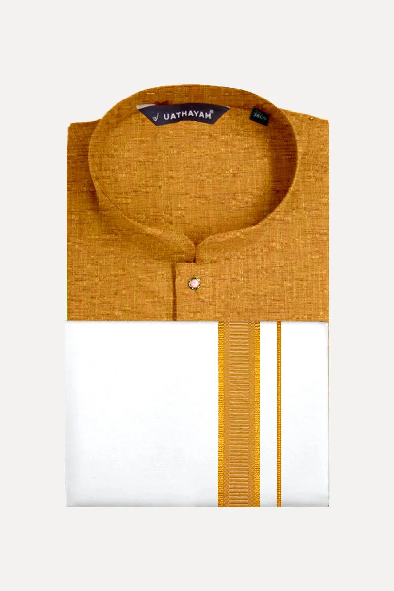 Exotic - Honey Yellow Long Kurta and Fancy Dhoti Set For Men ( Assorted Borders ) | Uathayam