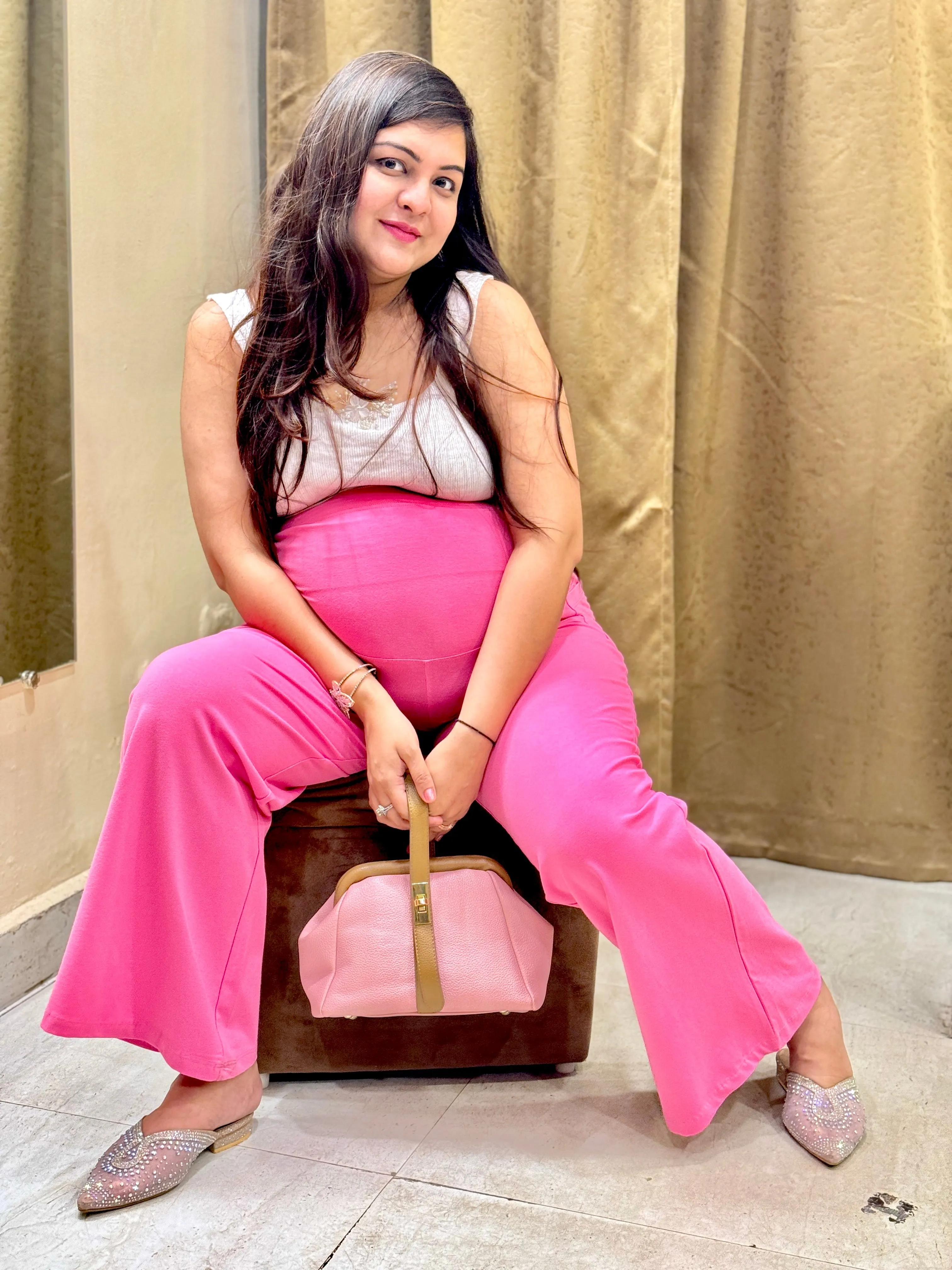 Fit & Flare Cotton Pink Maternity Pants (Pregnancy & Postpartum)