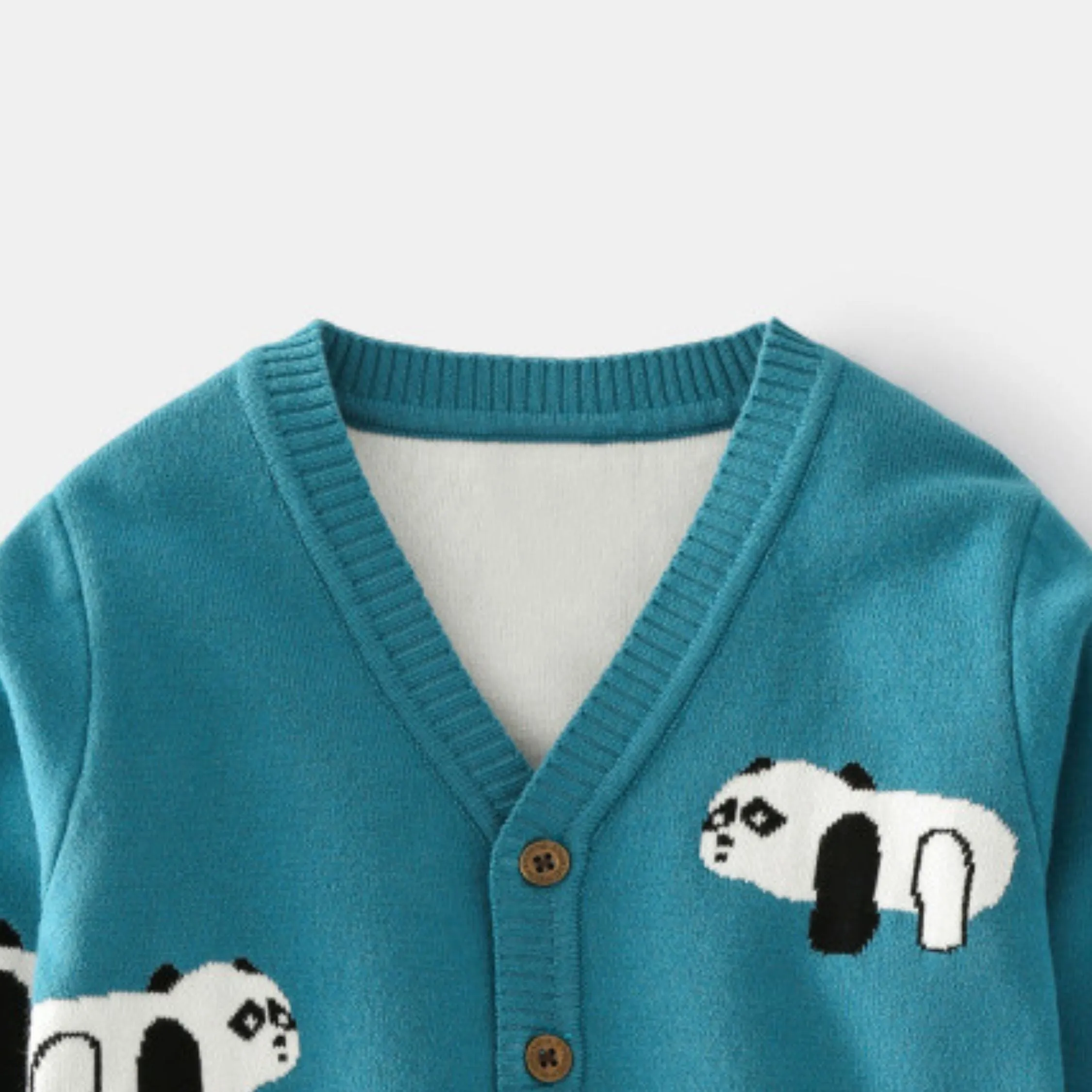 Full Sleeve Cute Panda Theme Boys Cardigan, Teal