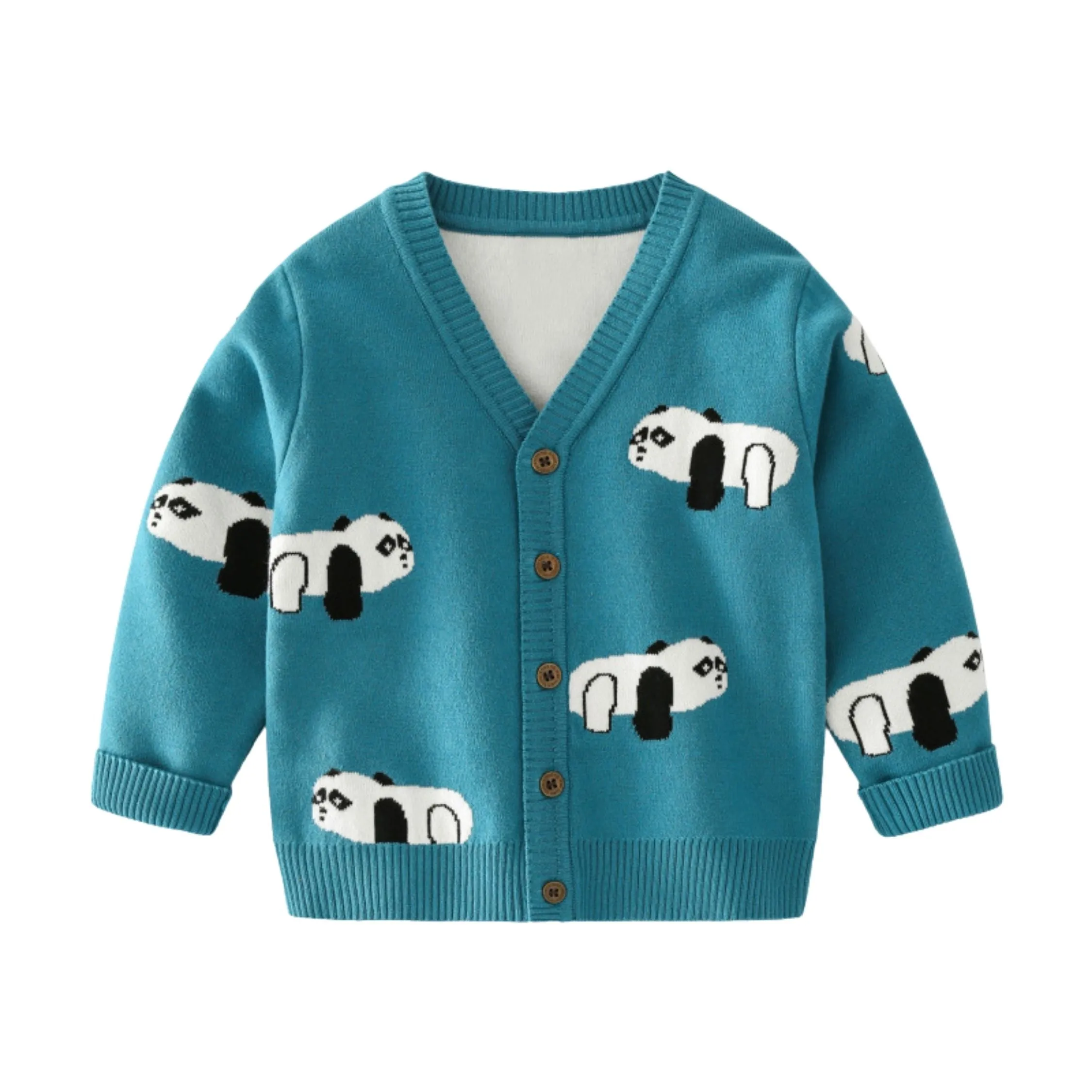 Full Sleeve Cute Panda Theme Boys Cardigan, Teal