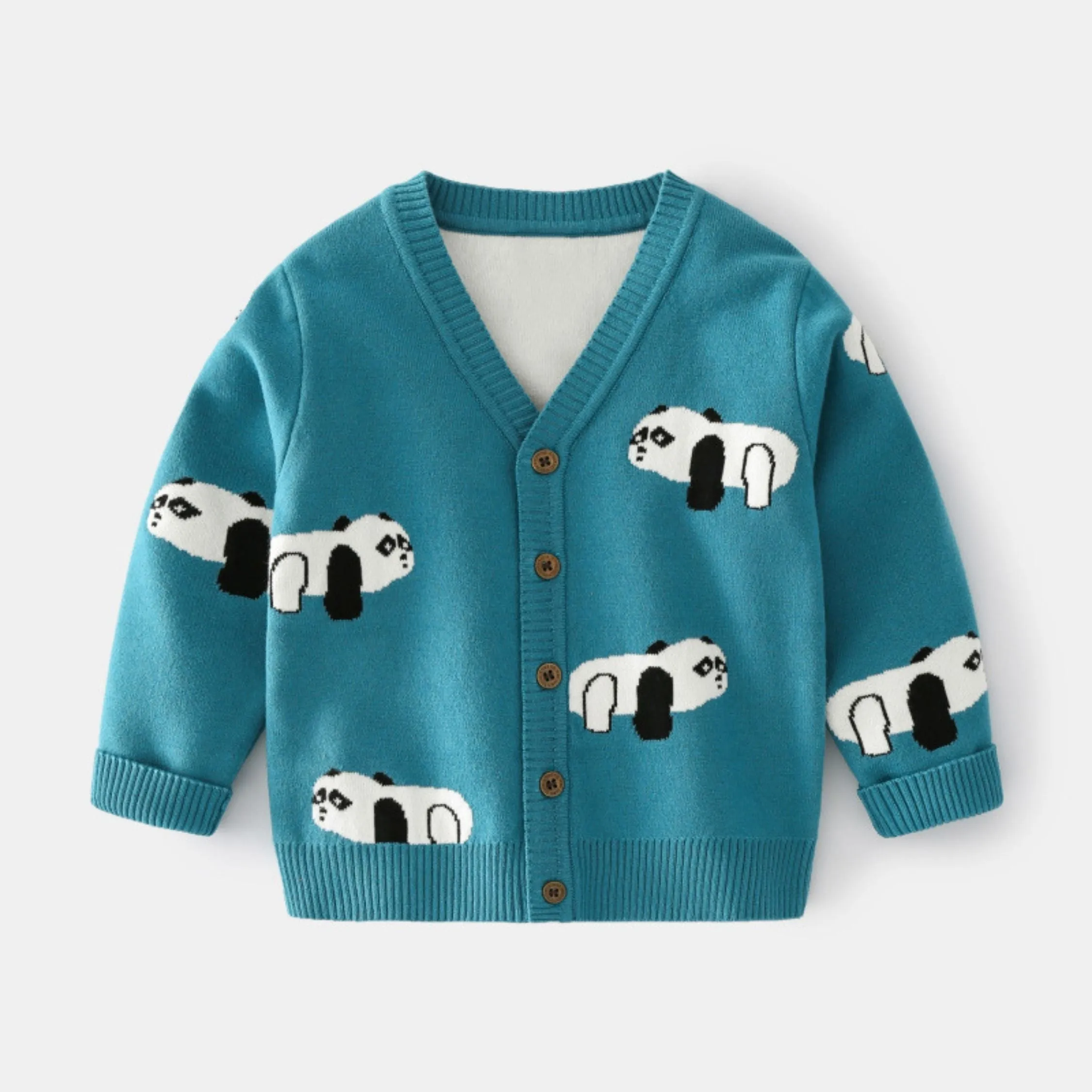 Full Sleeve Cute Panda Theme Boys Cardigan, Teal