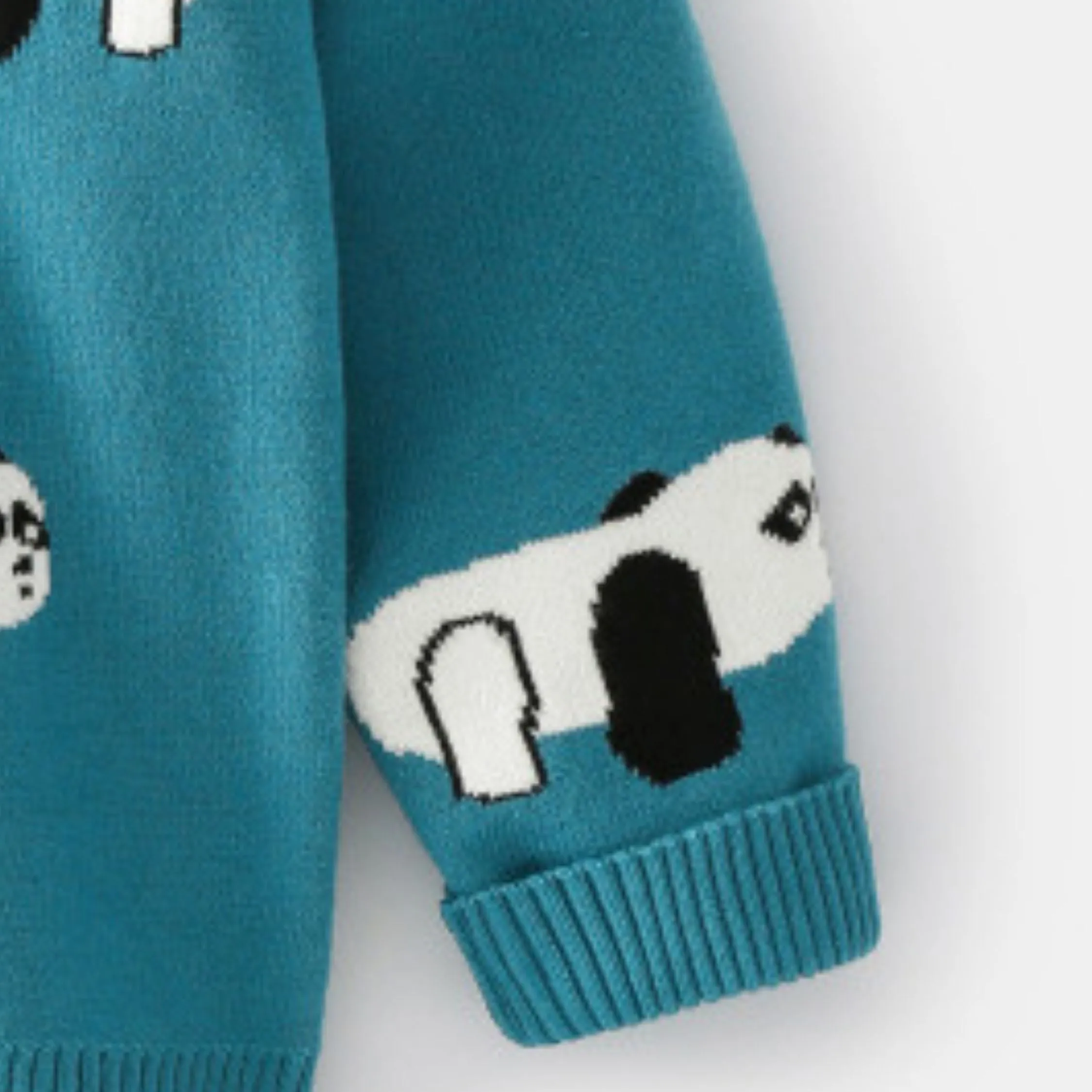 Full Sleeve Cute Panda Theme Boys Cardigan, Teal