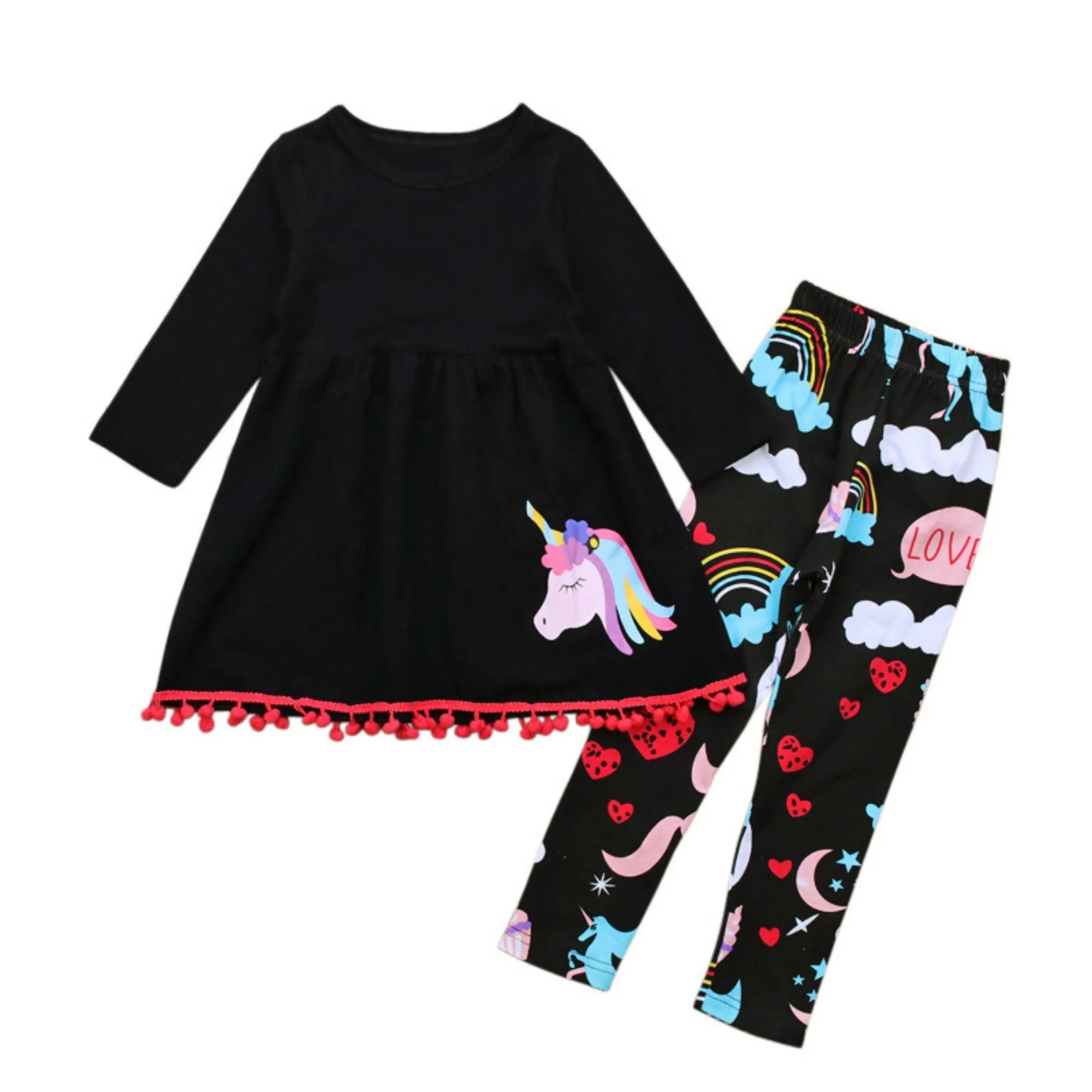 Full Sleeve Unicorn Print Pattern Dress & Trouser Girls 2 Piece Outfit Set, Multicolour