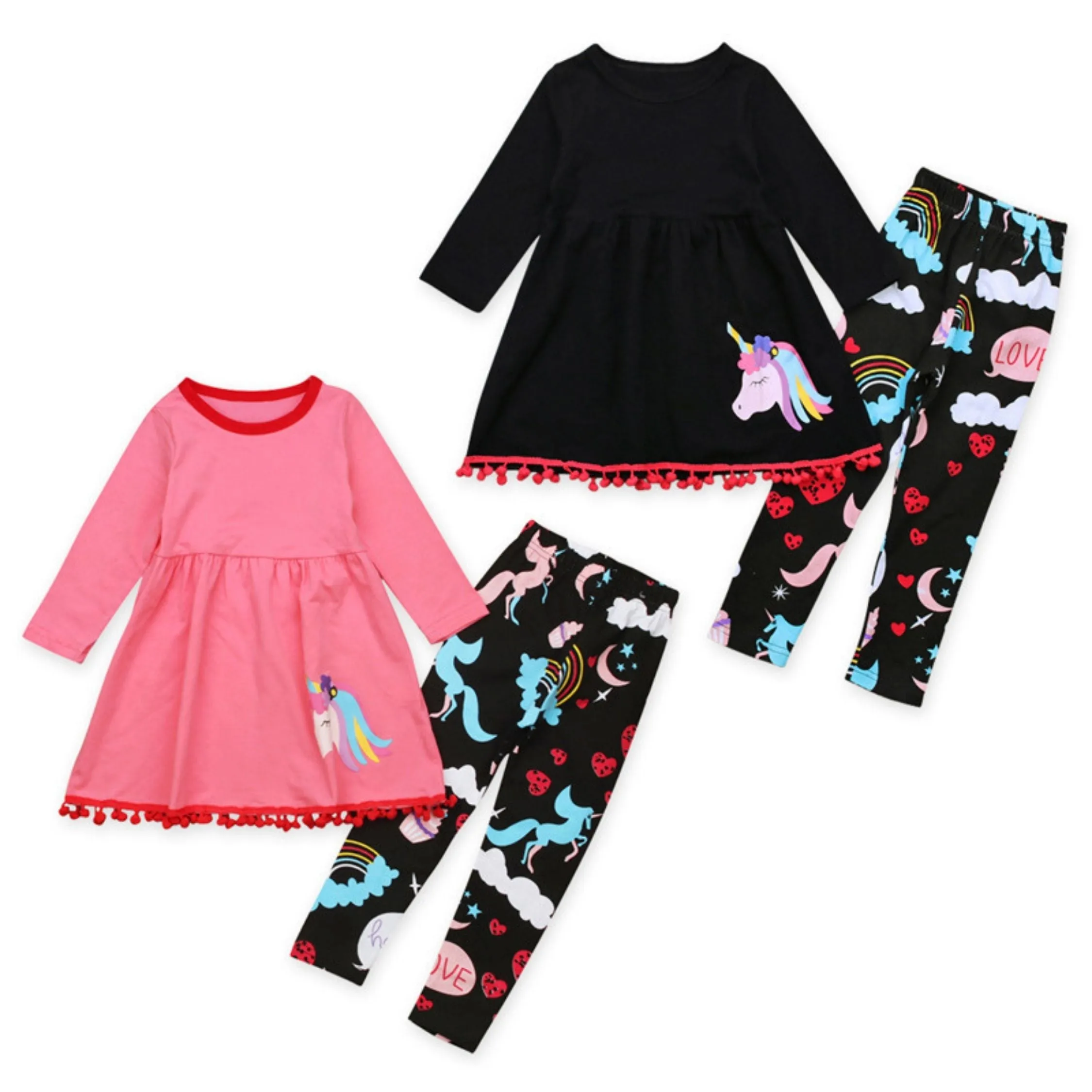 Full Sleeve Unicorn Print Pattern Dress & Trouser Girls 2 Piece Outfit Set, Multicolour