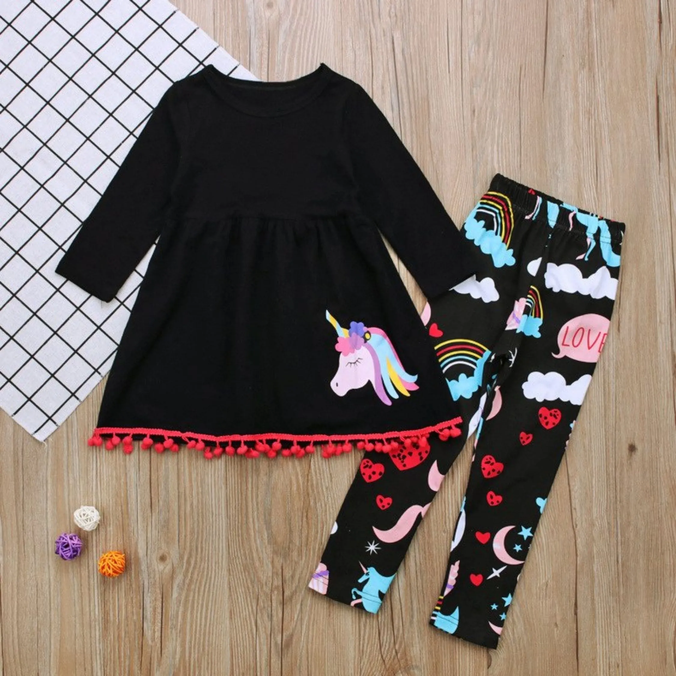 Full Sleeve Unicorn Print Pattern Dress & Trouser Girls 2 Piece Outfit Set, Multicolour