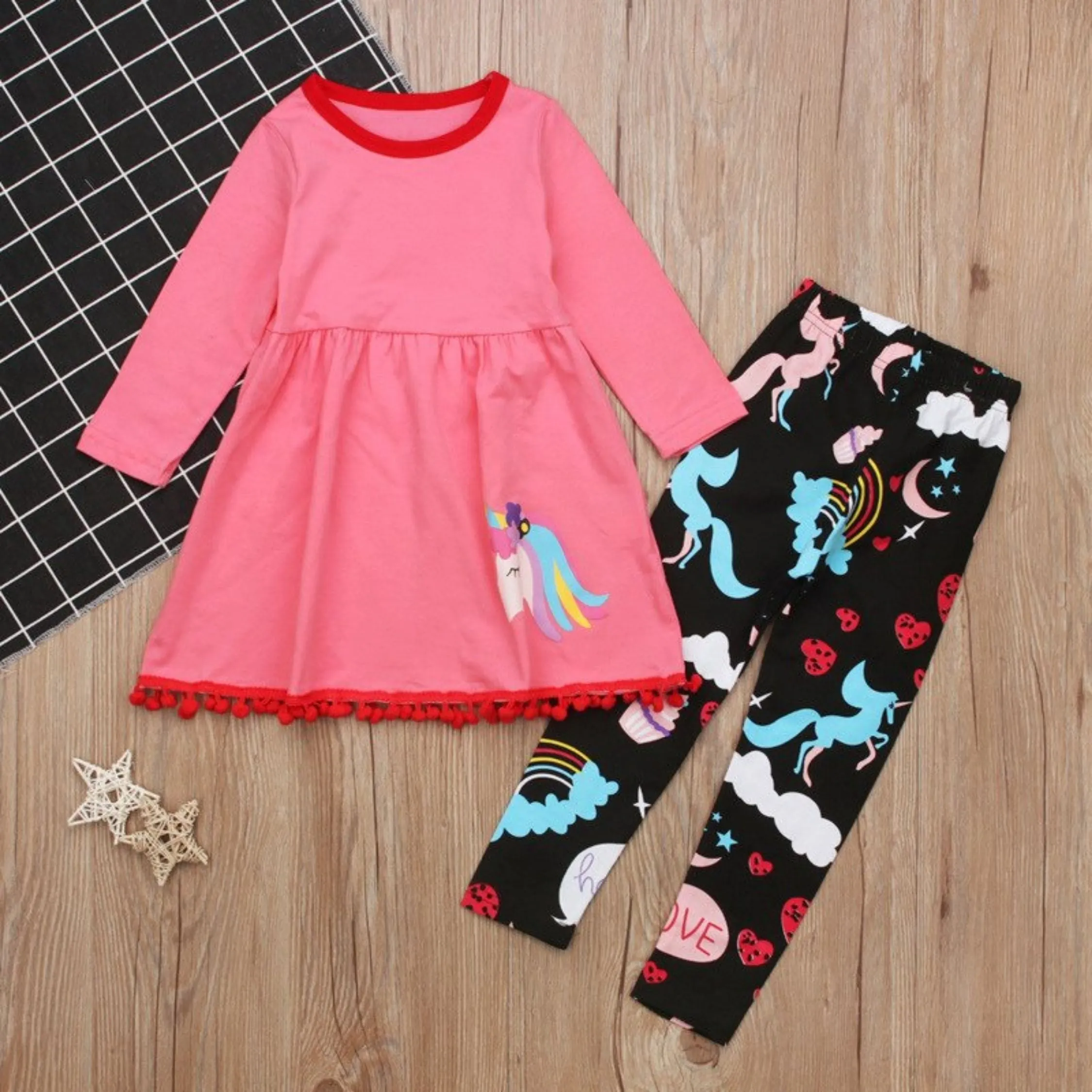 Full Sleeve Unicorn Print Pattern Dress & Trouser Girls 2 Piece Outfit Set, Multicolour