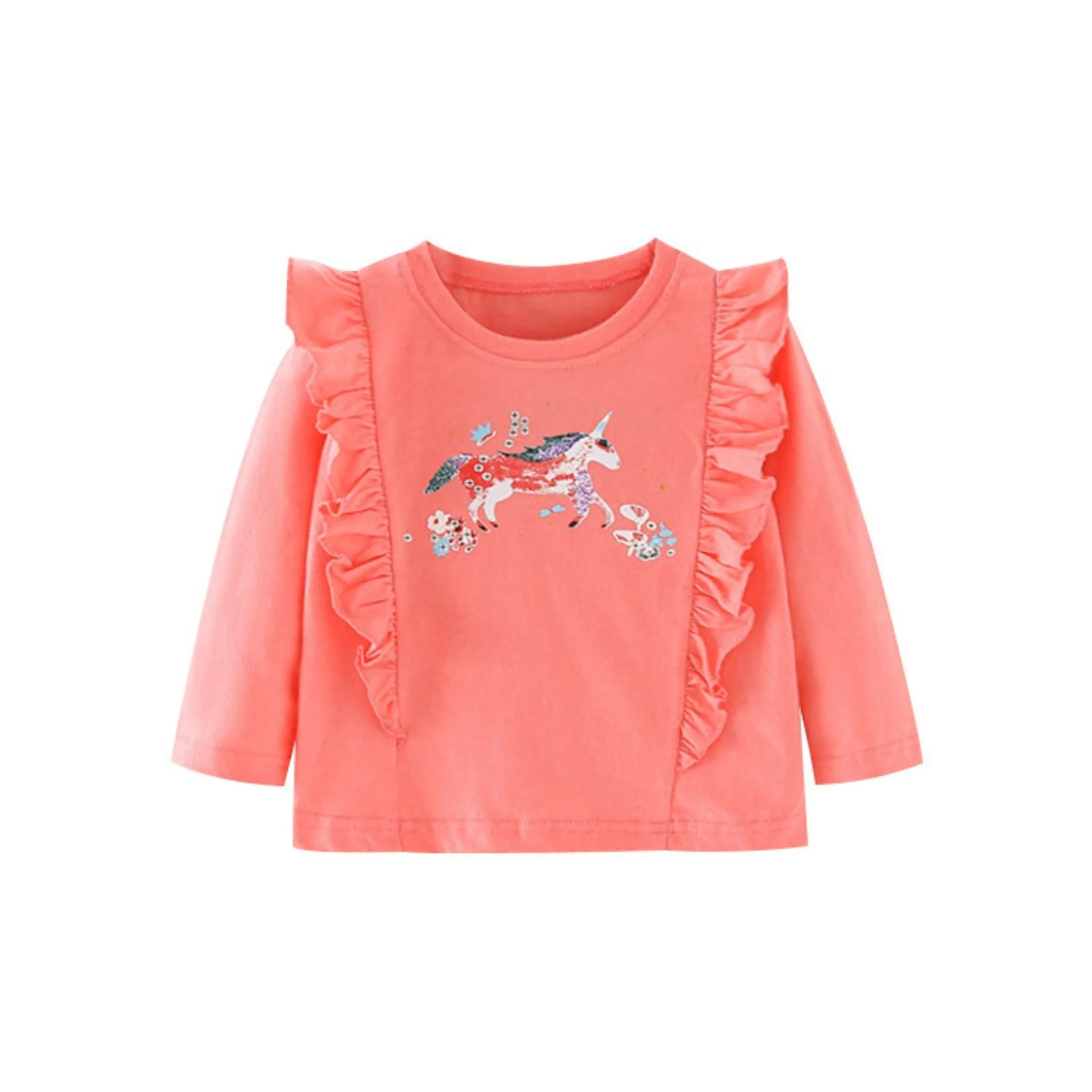 Full Sleeve Unicorn Ruffle Print Girls T-Shirt, Pink