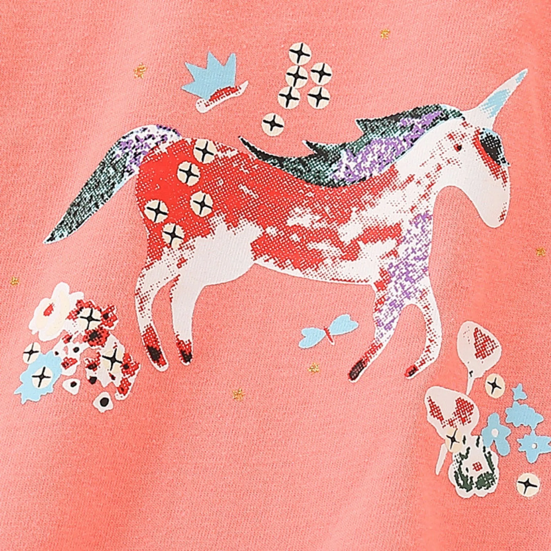 Full Sleeve Unicorn Ruffle Print Girls T-Shirt, Pink