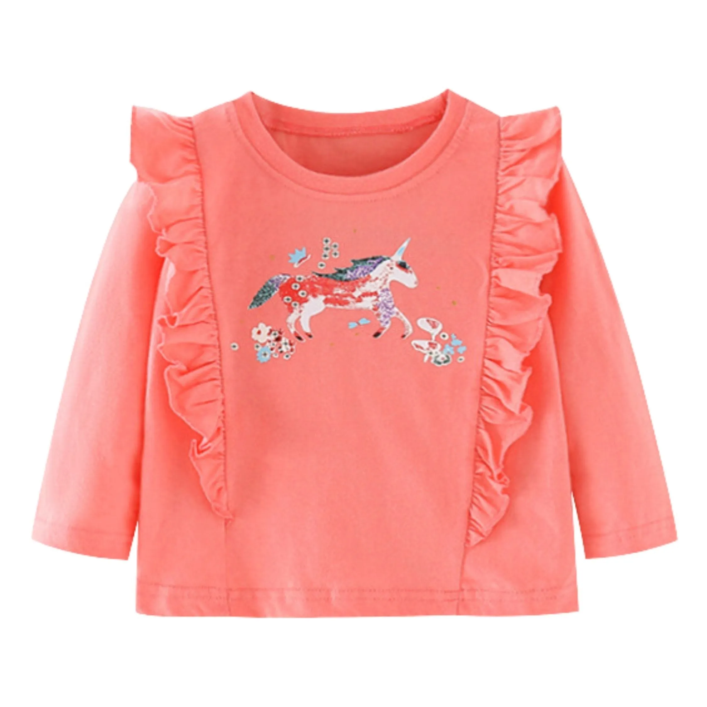 Full Sleeve Unicorn Ruffle Print Girls T-Shirt, Pink