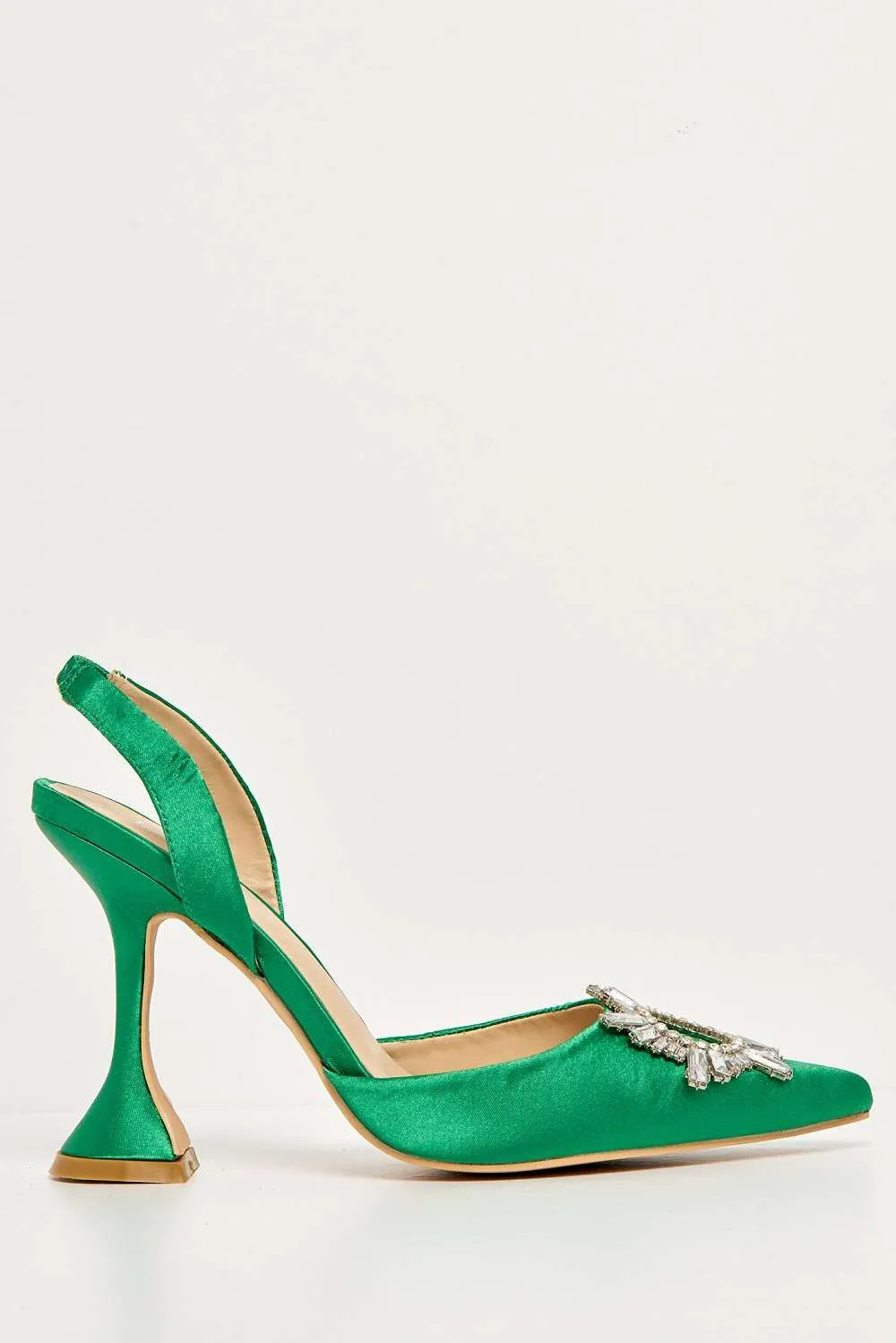 Girona Diamante Brooch Pointed Toe Spool Heel Court Shoe in Green