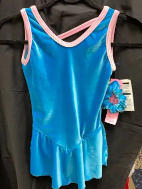 GK Figure Skating Dress Child Large Velvet w/Scrunchie Blue & Pink SK1094