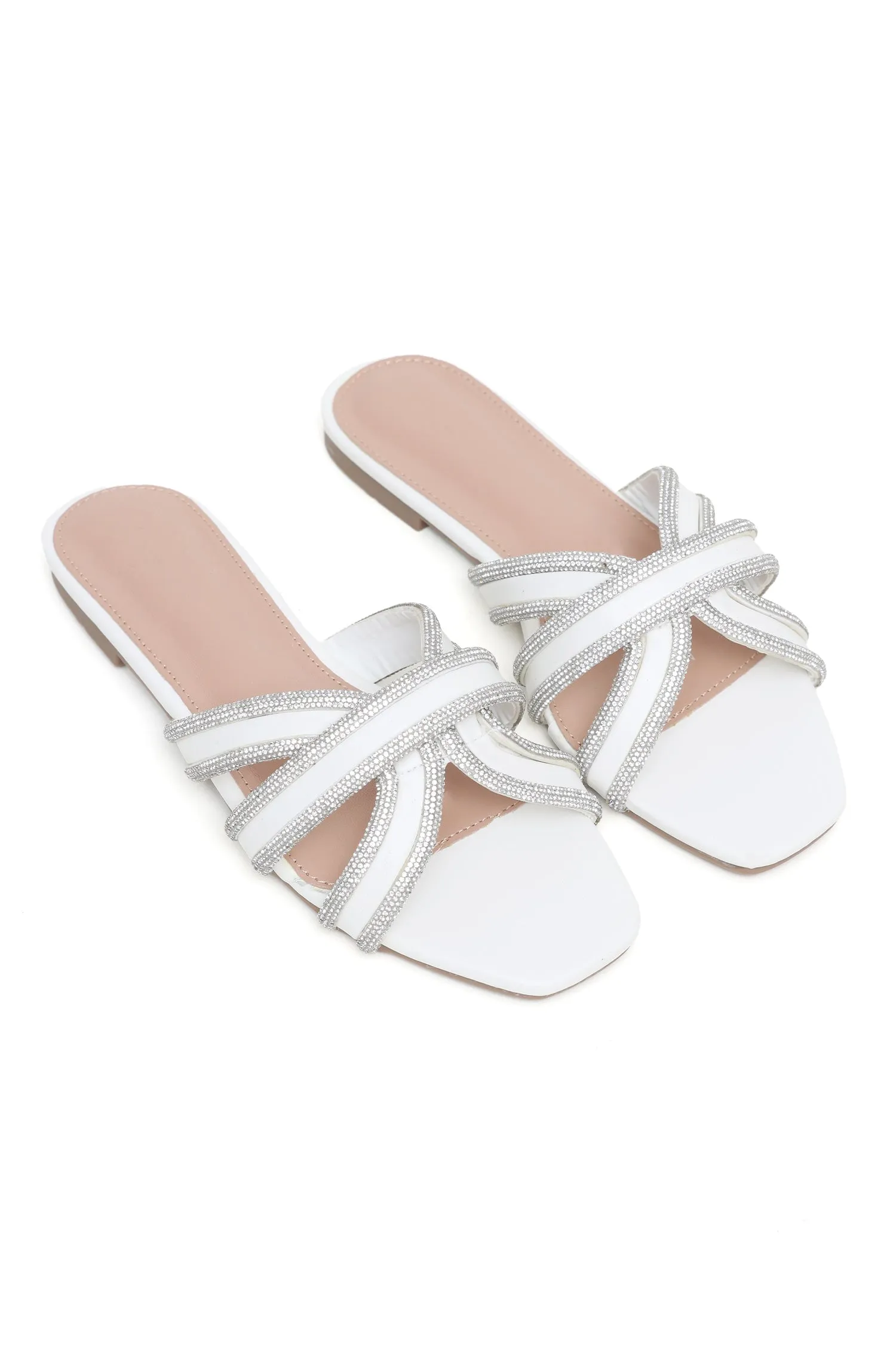 GLAM CRYSTAL EMBELLISHED SLIDES-WHITE