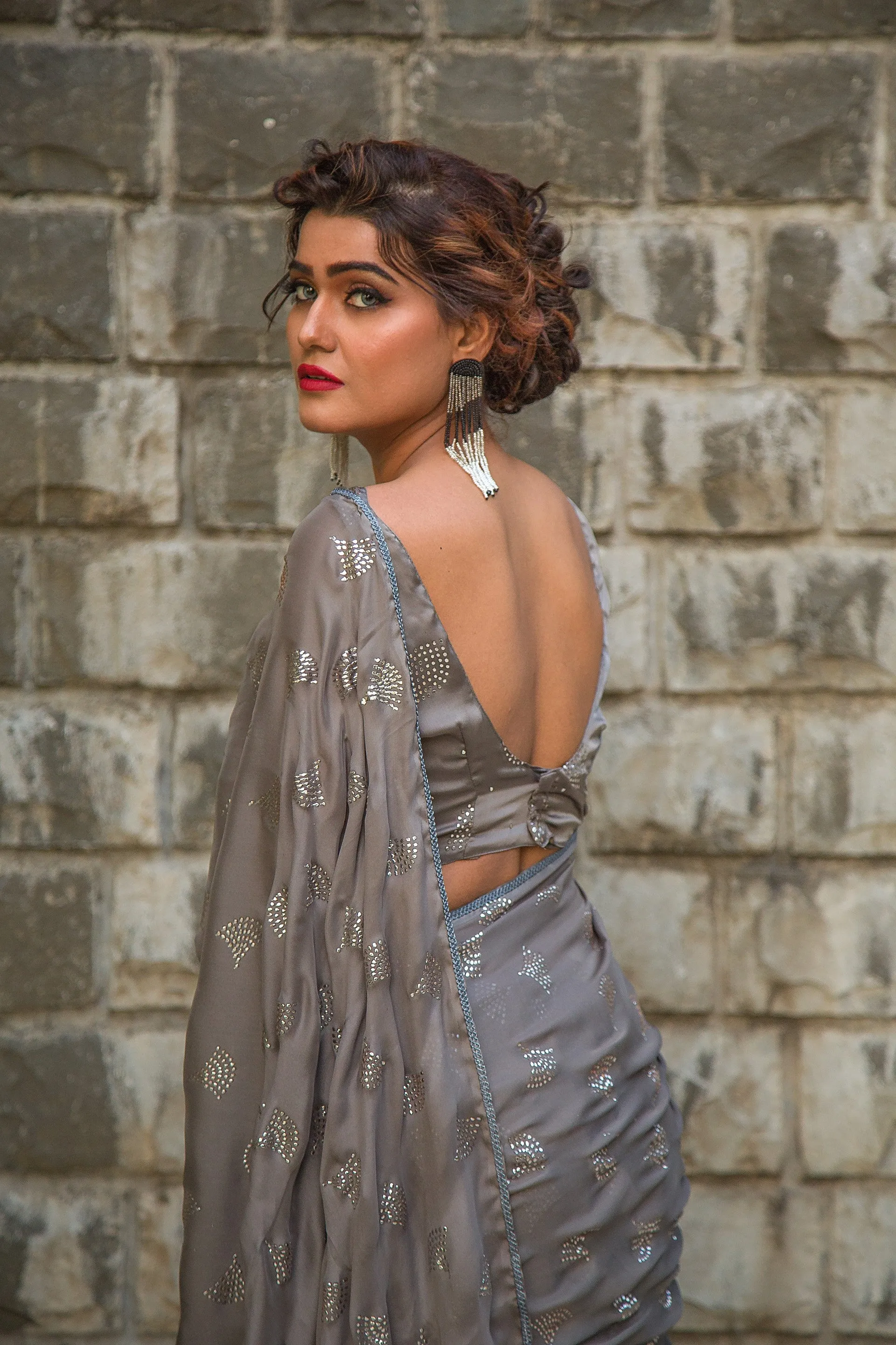 Glossed Gray Crystal Saree