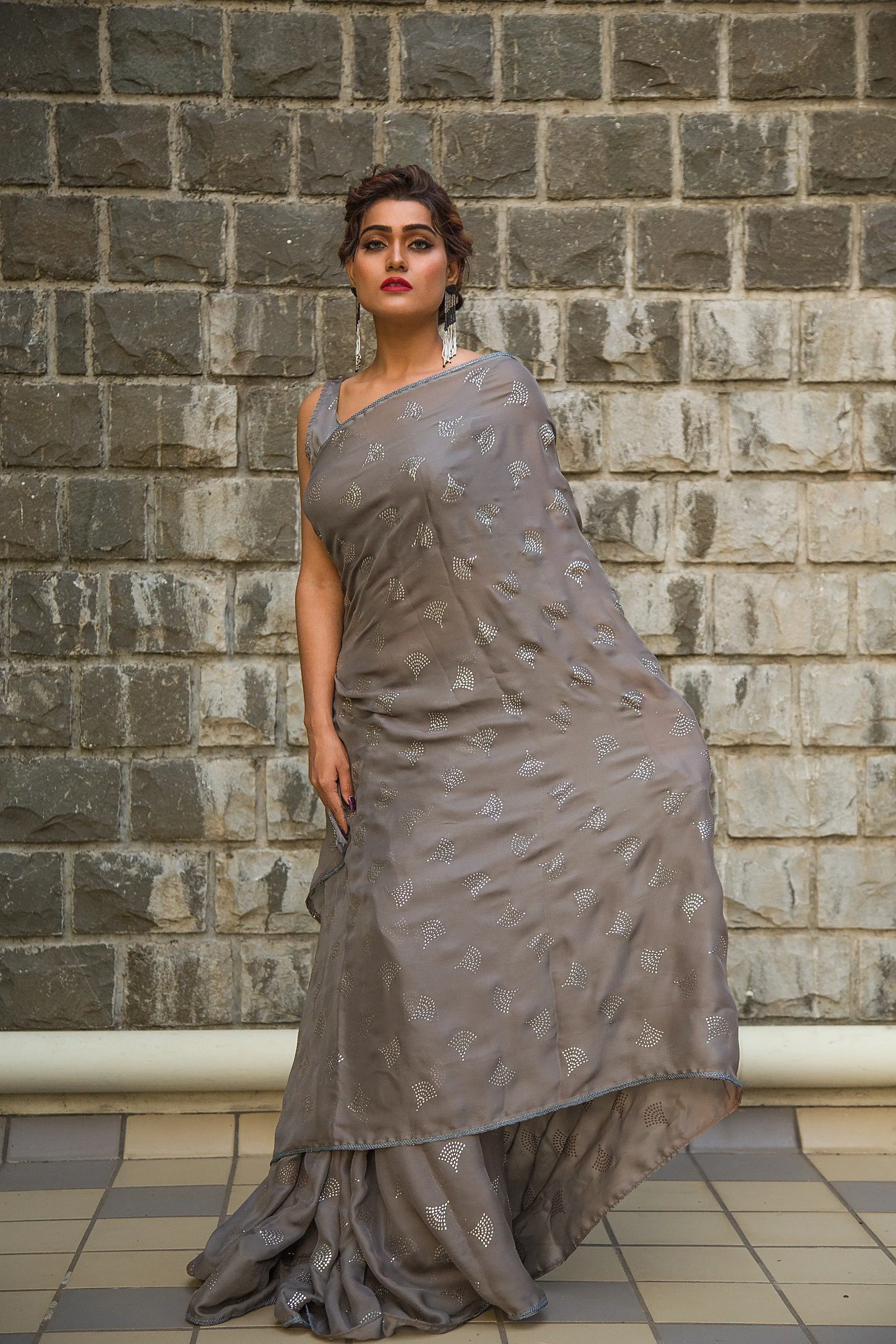 Glossed Gray Crystal Saree