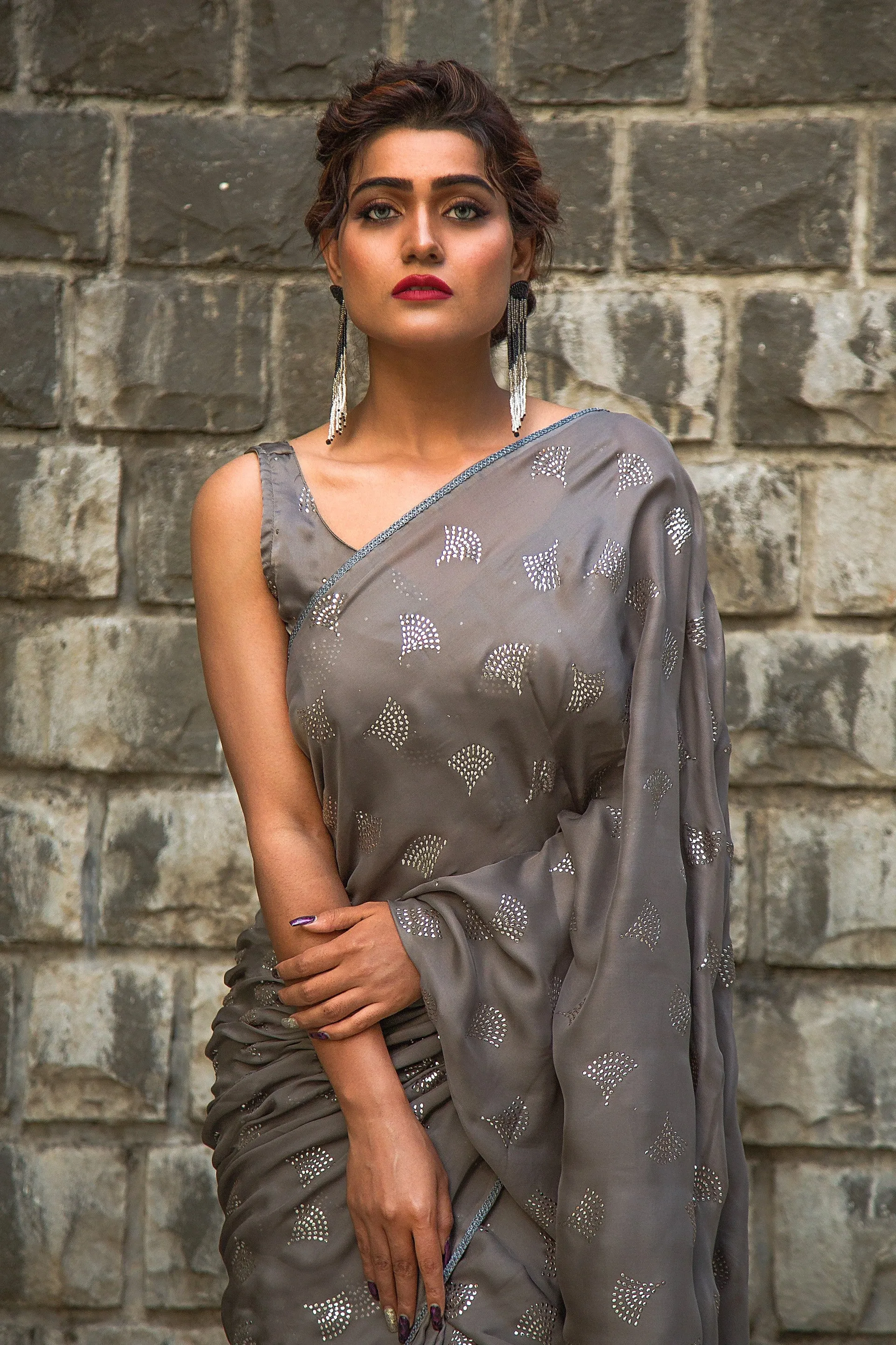 Glossed Gray Crystal Saree