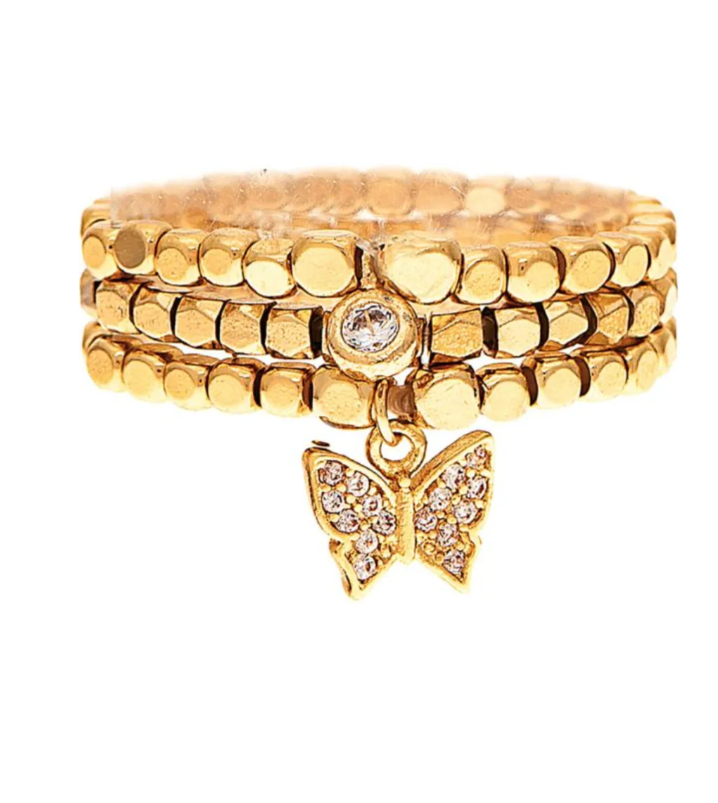 Gold Block Bead Butterfly Ring Set