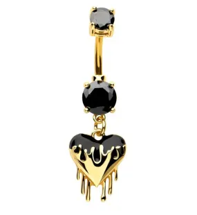 Gold PVD Dripping Heart Black CZ Stainless Steel Belly Button Ring