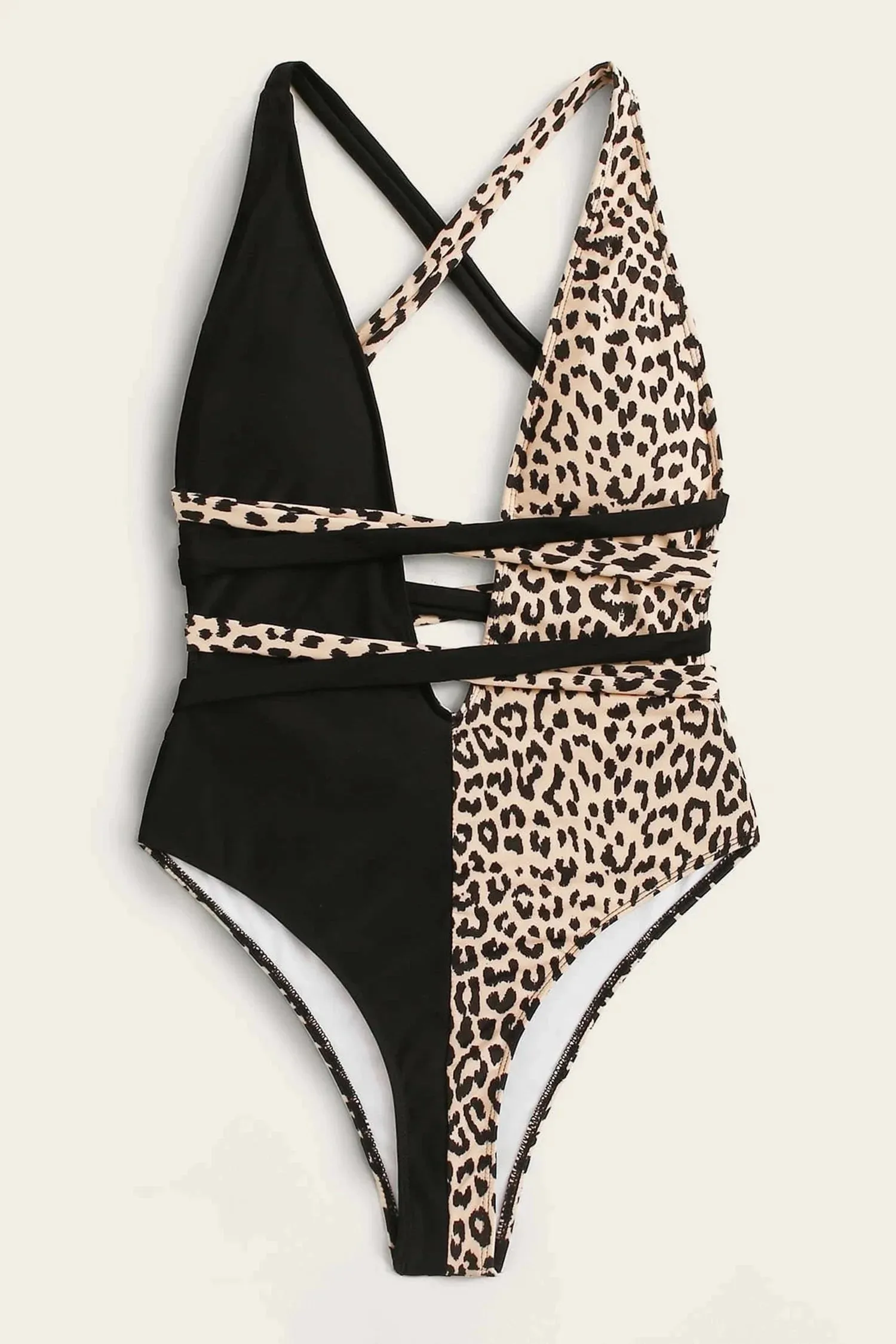 Half Black Half Leopard One Piece Swimsuit