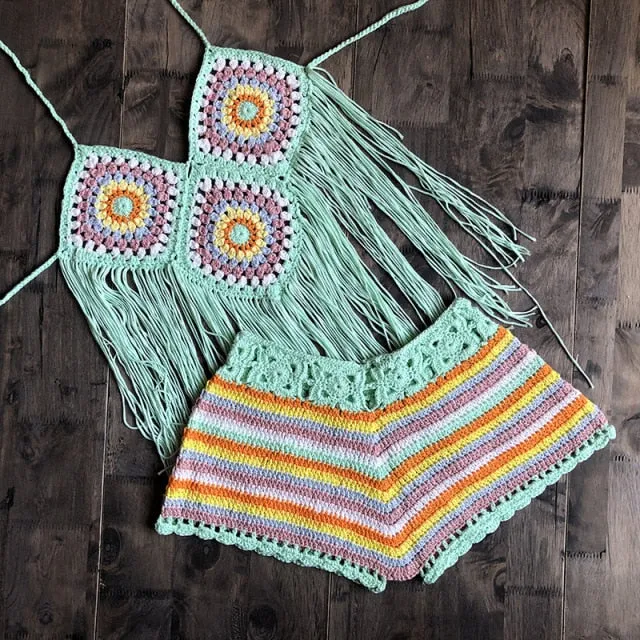 Handmade Granny Squares Bikini Boho Crochet Fringe Short Set Halter Top And Crocheted Shorts Rainbow Mint Pastel Red Or Baby Blue You Choose One Size Fits Small / Medium