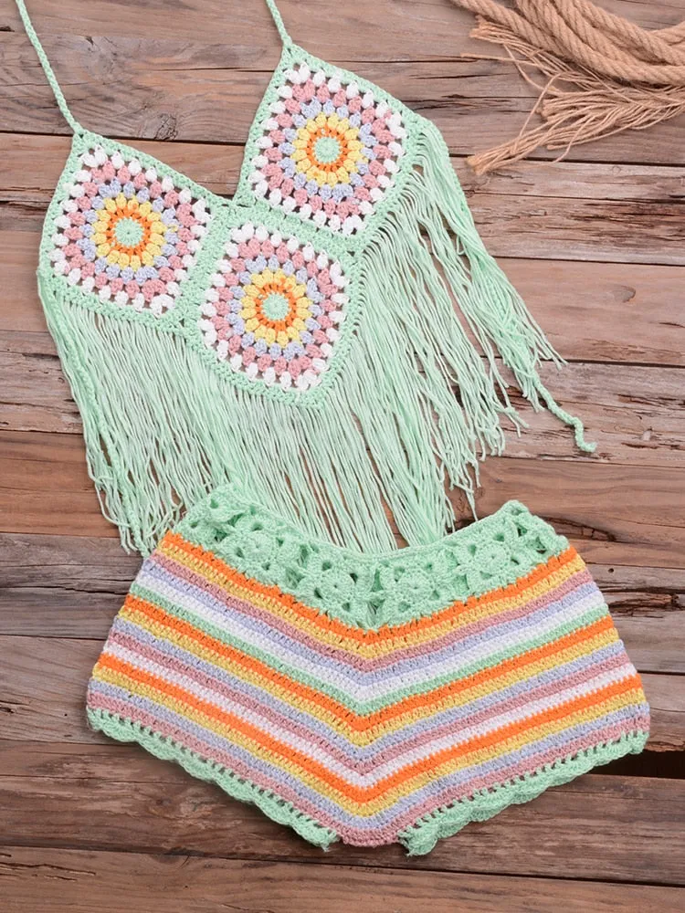 Handmade Granny Squares Bikini Boho Crochet Fringe Short Set Halter Top And Crocheted Shorts Rainbow Mint Pastel Red Or Baby Blue You Choose One Size Fits Small / Medium