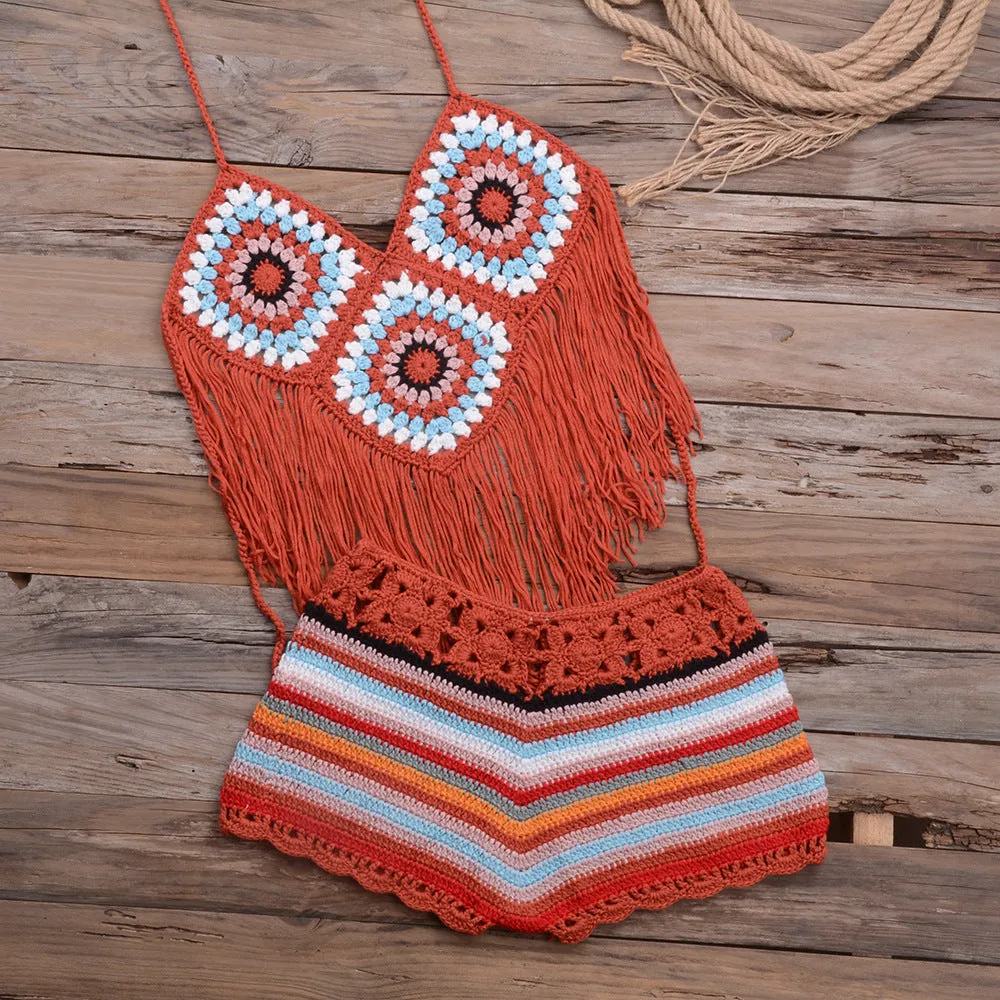 Handmade Granny Squares Bikini Boho Crochet Fringe Short Set Halter Top And Crocheted Shorts Rainbow Mint Pastel Red Or Baby Blue You Choose One Size Fits Small / Medium