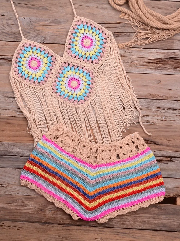 Handmade Granny Squares Bikini Boho Crochet Fringe Short Set Halter Top And Crocheted Shorts Rainbow Mint Pastel Red Or Baby Blue You Choose One Size Fits Small / Medium