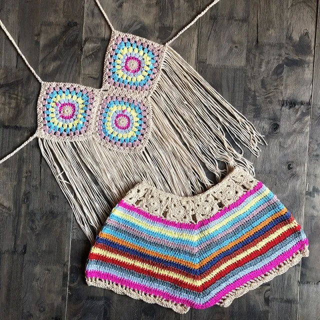 Handmade Granny Squares Bikini Boho Crochet Fringe Short Set Halter Top And Crocheted Shorts Rainbow Mint Pastel Red Or Baby Blue You Choose One Size Fits Small / Medium