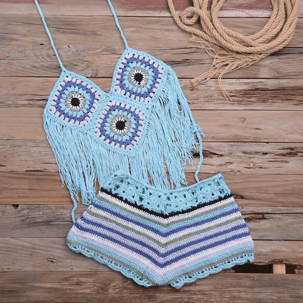 Handmade Granny Squares Bikini Boho Crochet Fringe Short Set Halter Top And Crocheted Shorts Rainbow Mint Pastel Red Or Baby Blue You Choose One Size Fits Small / Medium