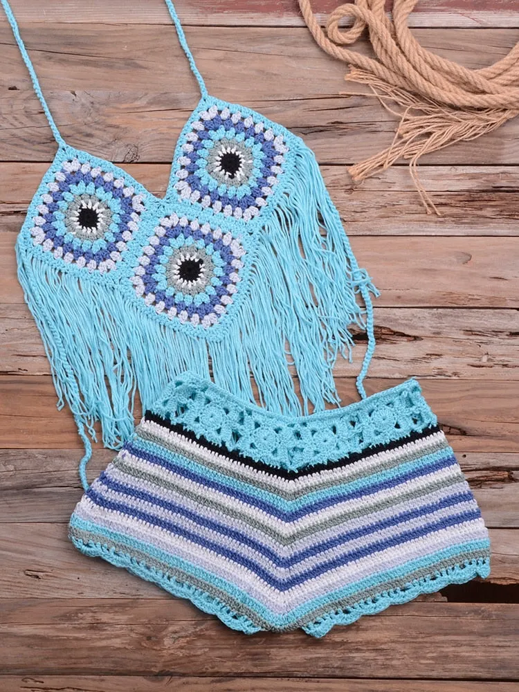 Handmade Granny Squares Bikini Boho Crochet Fringe Short Set Halter Top And Crocheted Shorts Rainbow Mint Pastel Red Or Baby Blue You Choose One Size Fits Small / Medium