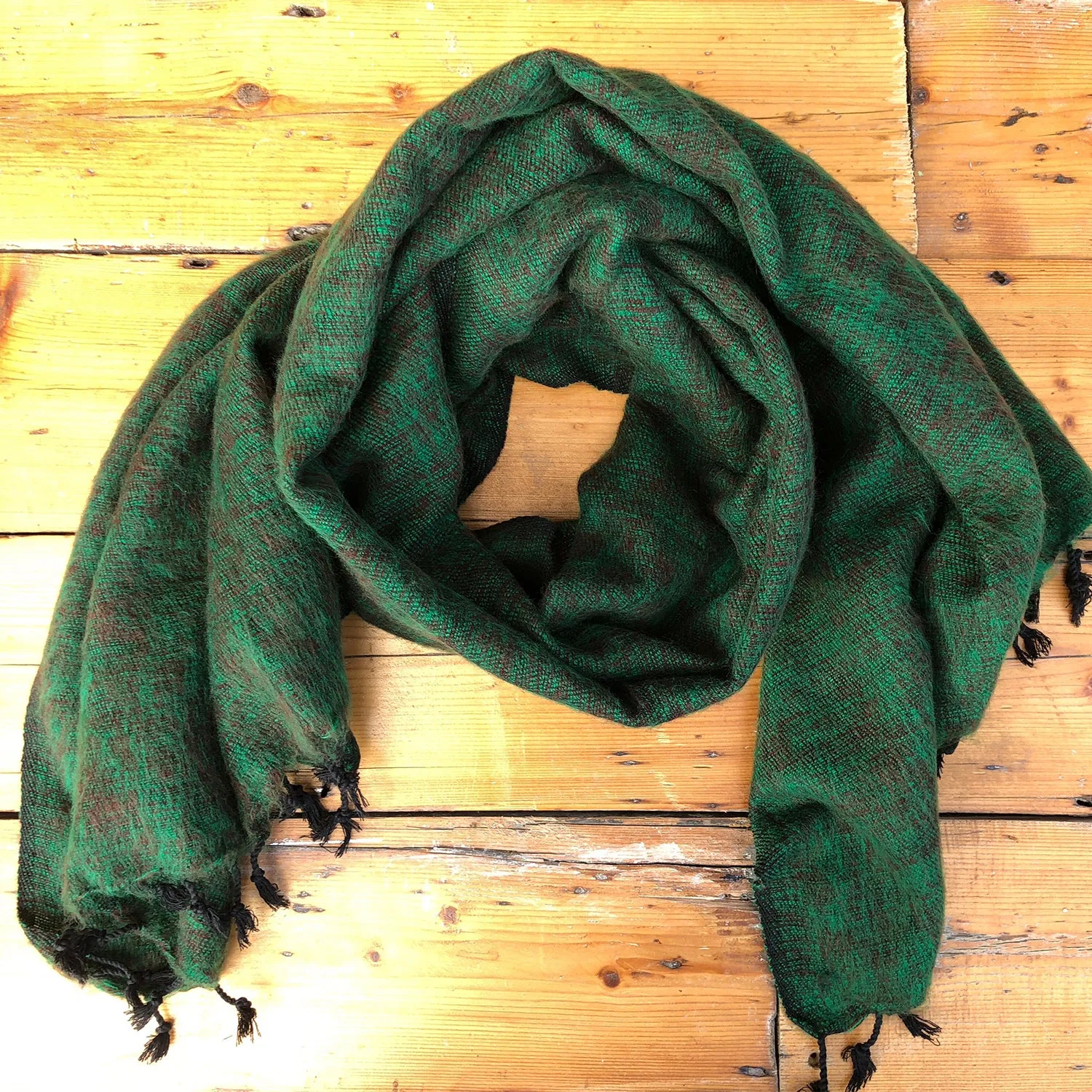 Handmade Nepalese 'Yak Wool' Shawl Deep Forest Green-Brown Oversized Scarf / Yoga Blanket